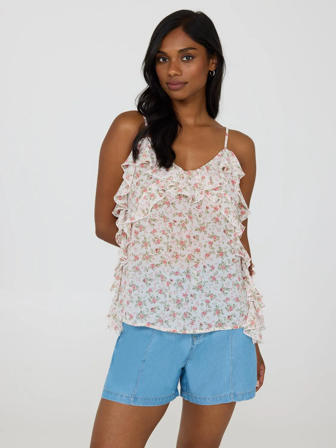 Floral Print Ruffle Chiffon Tank Top easy layering
