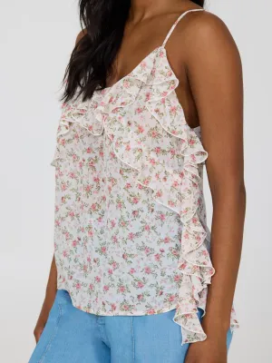 Floral Print Ruffle Chiffon Tank Top work casual