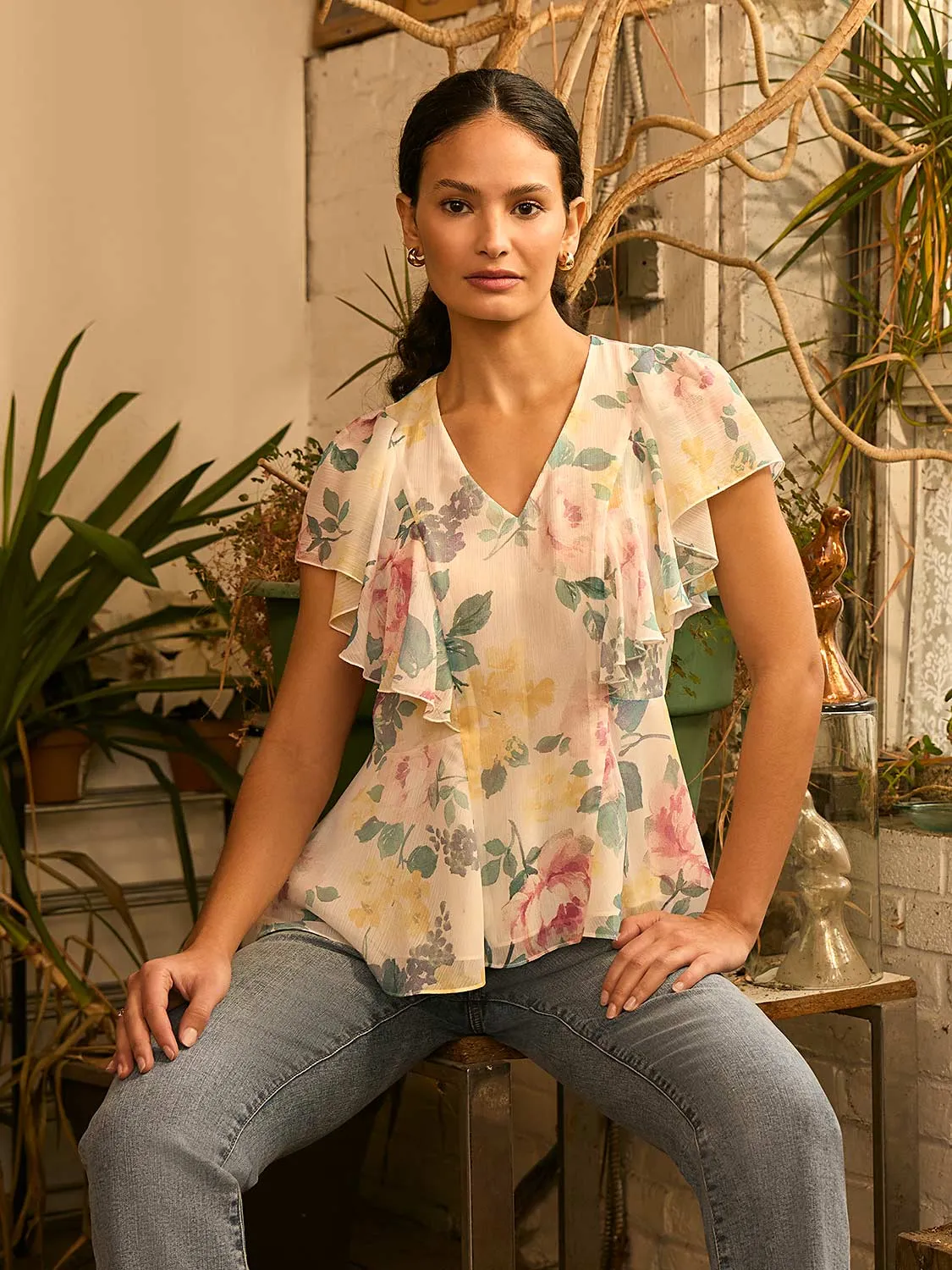 Floral Print Ruffle Sleeve Peplum Top Autumn Cool