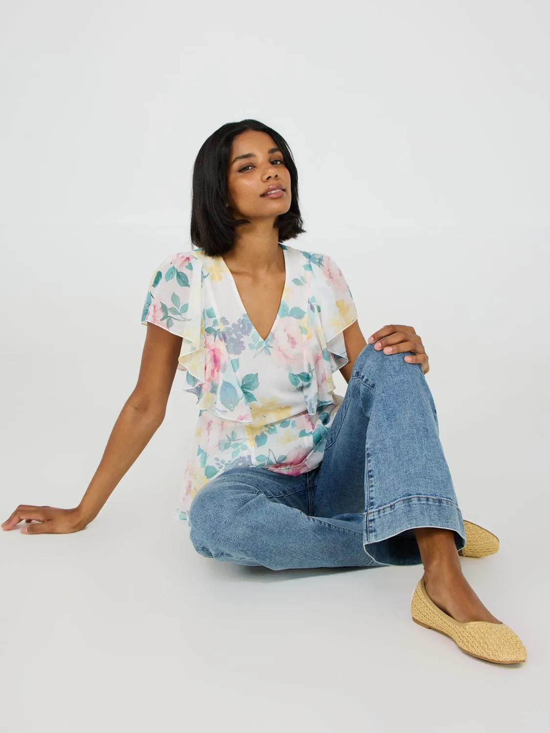 Floral Print Ruffle Sleeve Peplum Top Current Mood