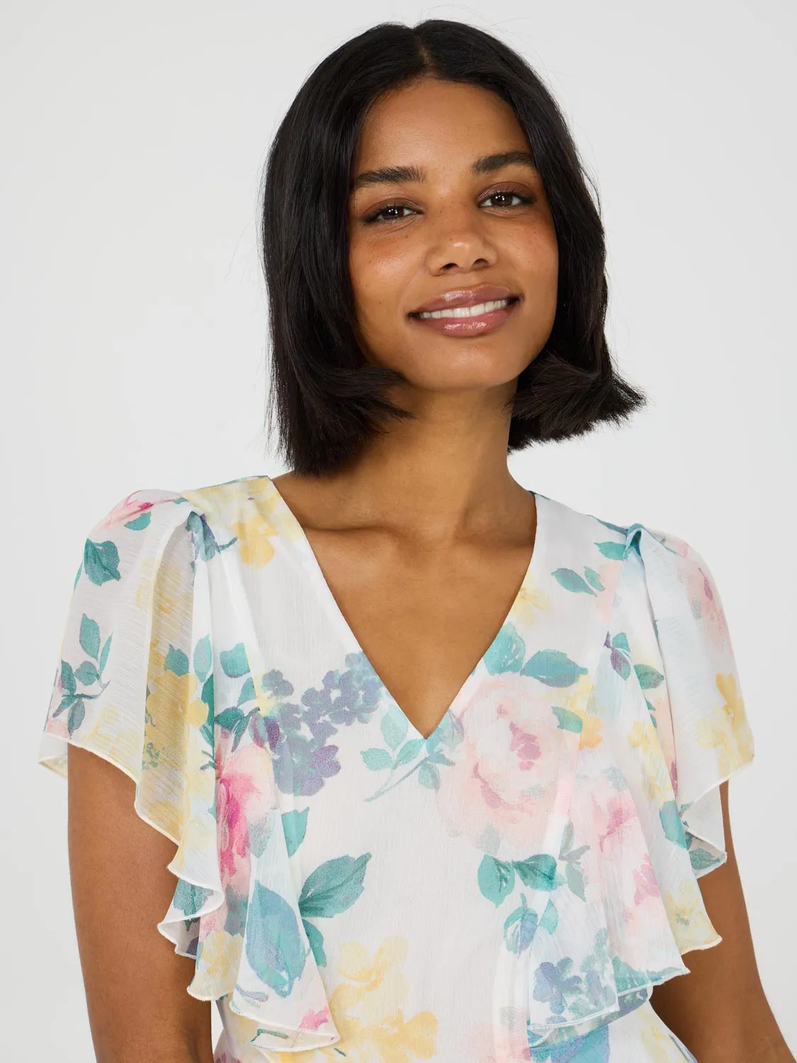 Floral Print Ruffle Sleeve Peplum Top Chill Days