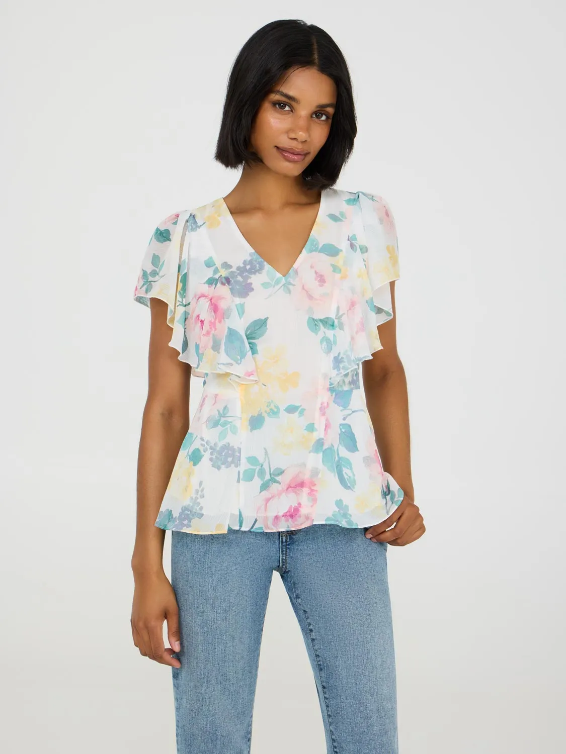 Floral Print Ruffle Sleeve Peplum Top Feel Good Look