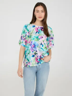 Floral Print Satin Front Dolman Sleeve T-Shirt Spring Layer
