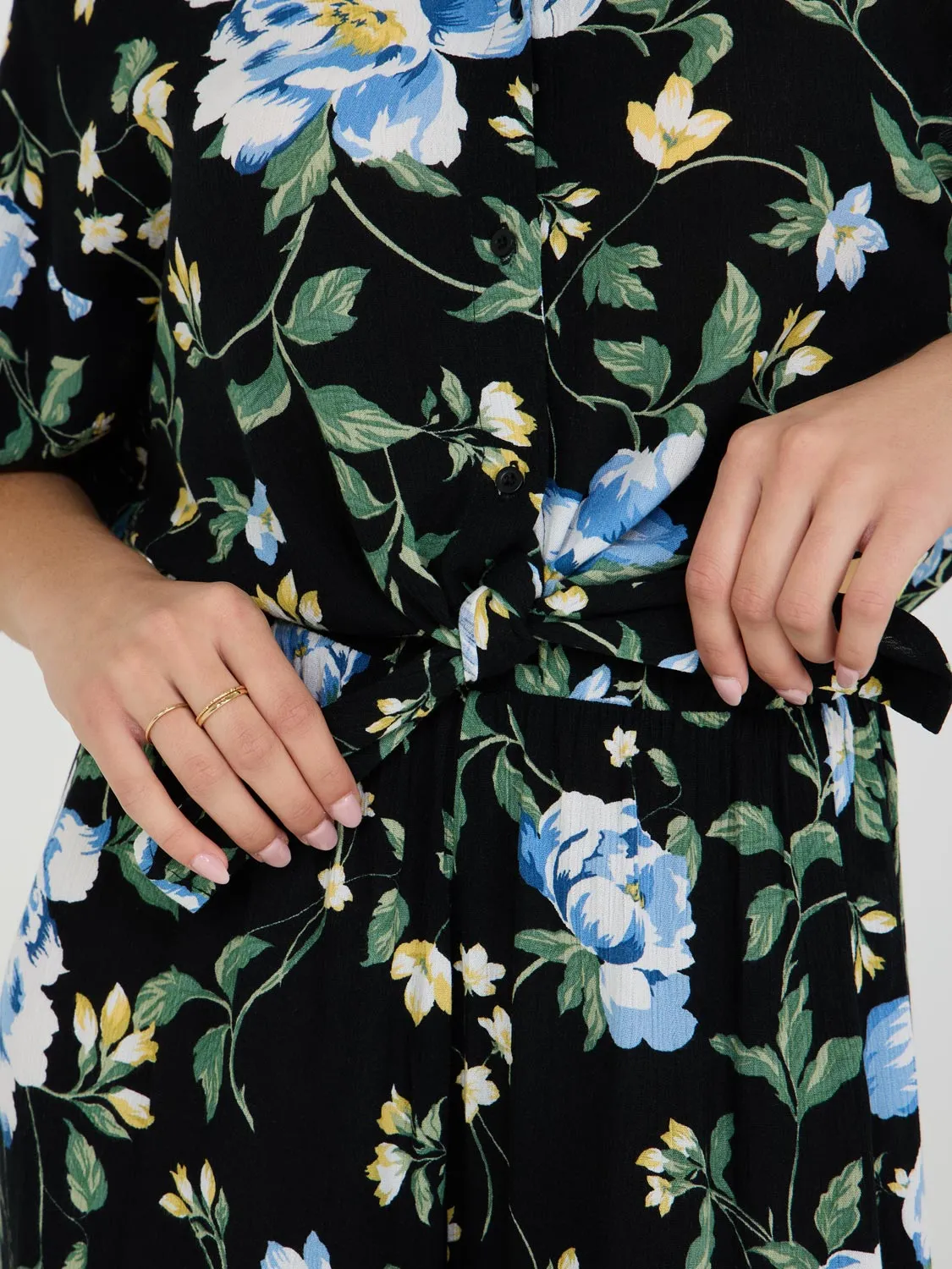 Floral Print Tie Front Short Sleeve Blouse Fit for All
