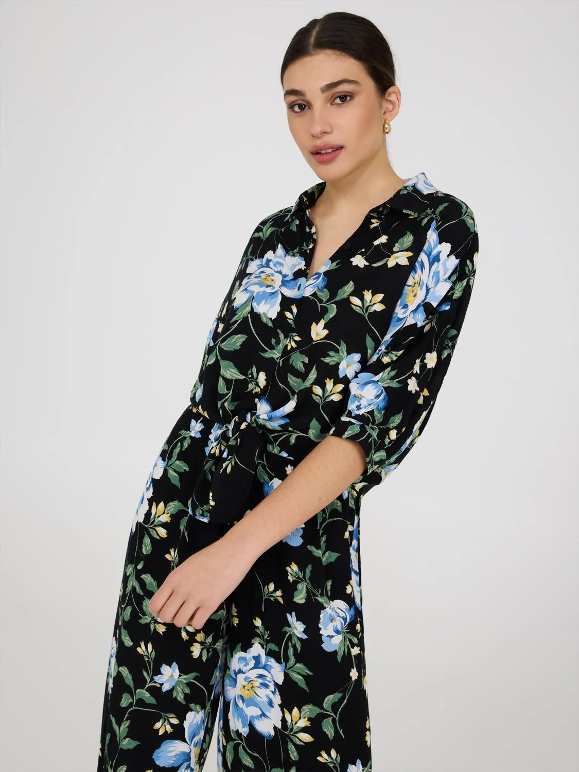 Floral Print Tie Front Short Sleeve Blouse Outdoor Moments