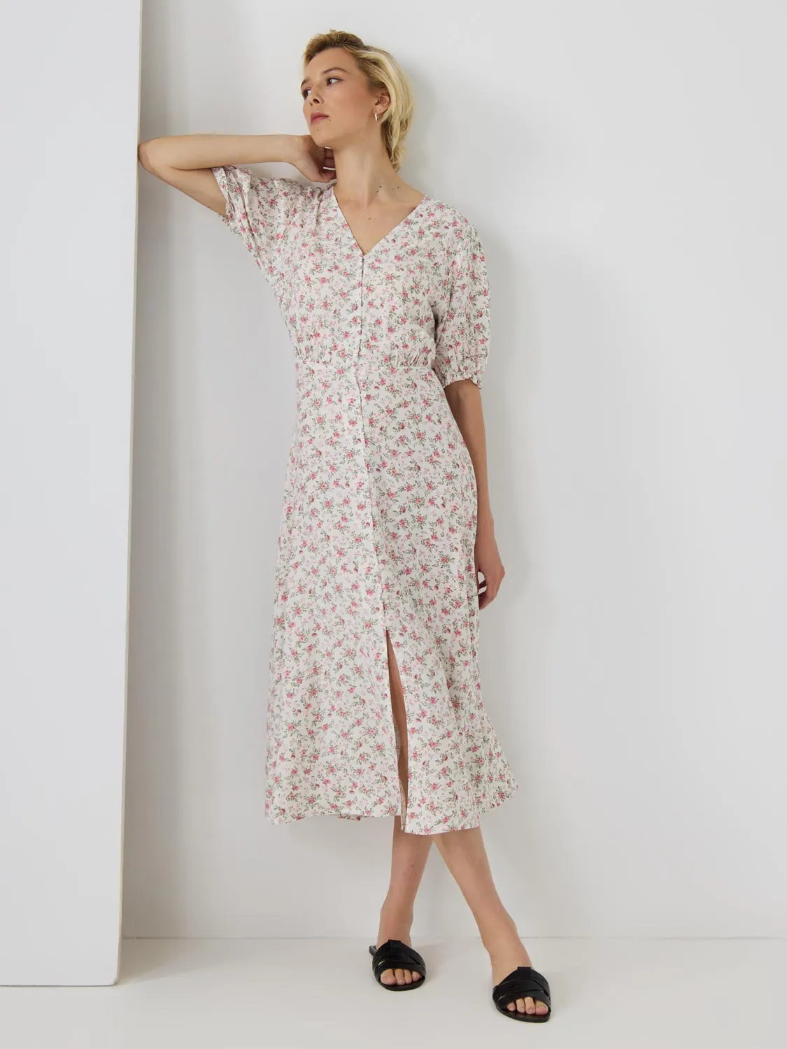 Floral Puff Sleeve Midi Dress easy fashion