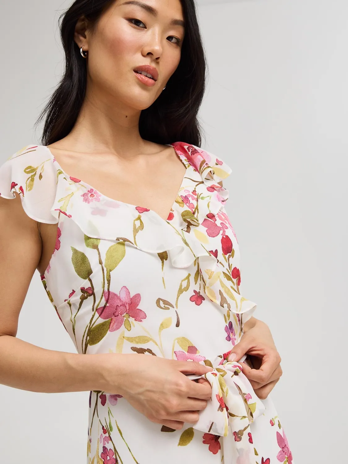 Floral Ruffle Wrap Front Chiffon Dress sweet girl