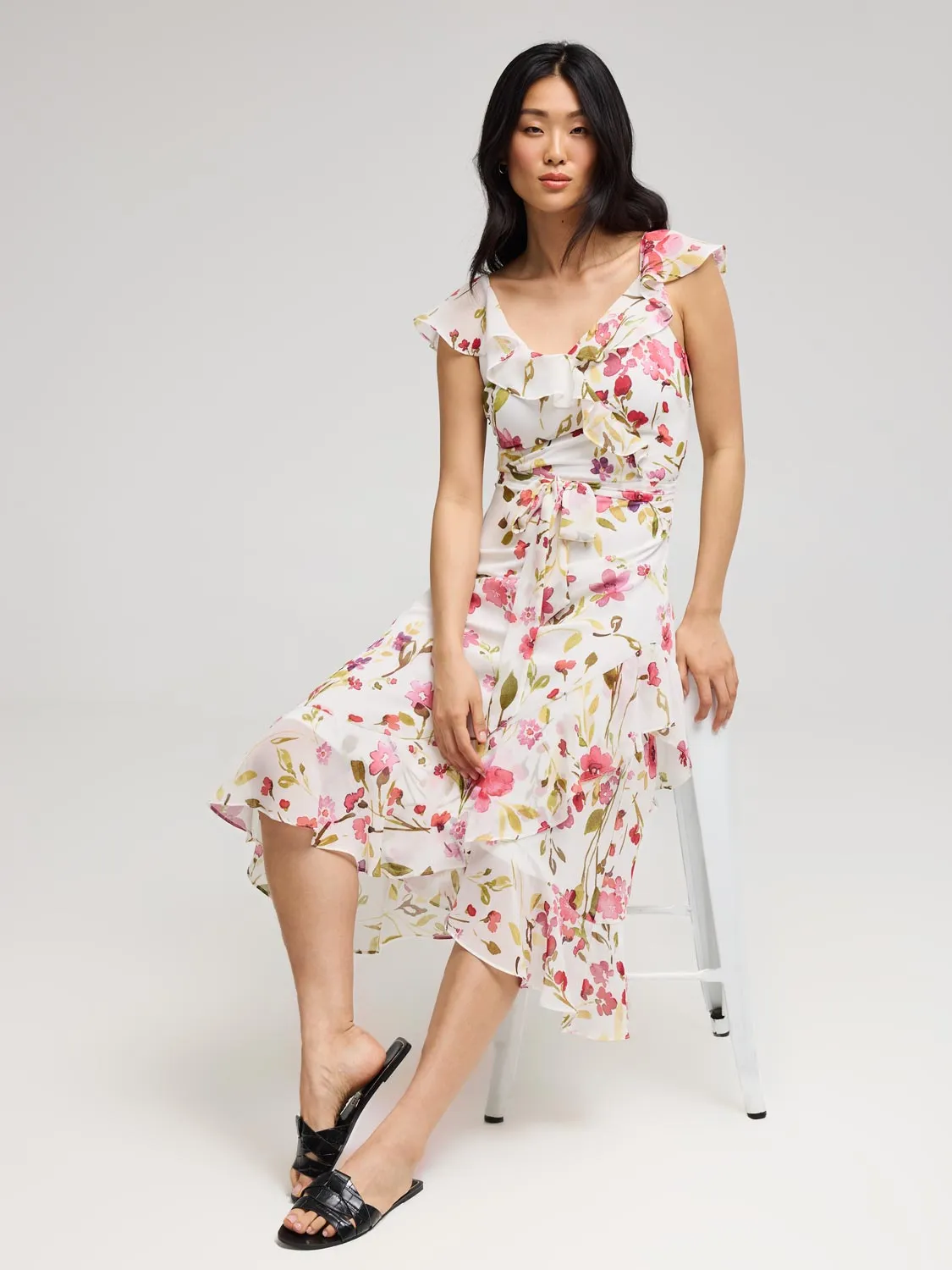 Floral Ruffle Wrap Front Chiffon Dress youth energy