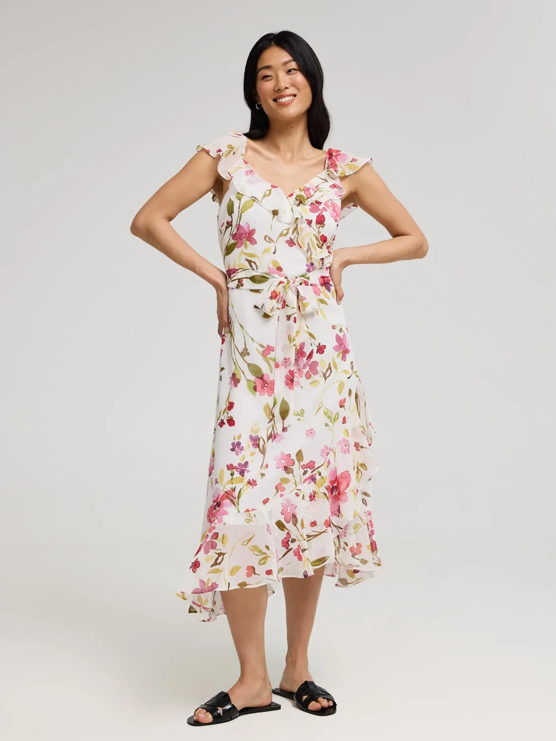 Floral Ruffle Wrap Front Chiffon Dress office style