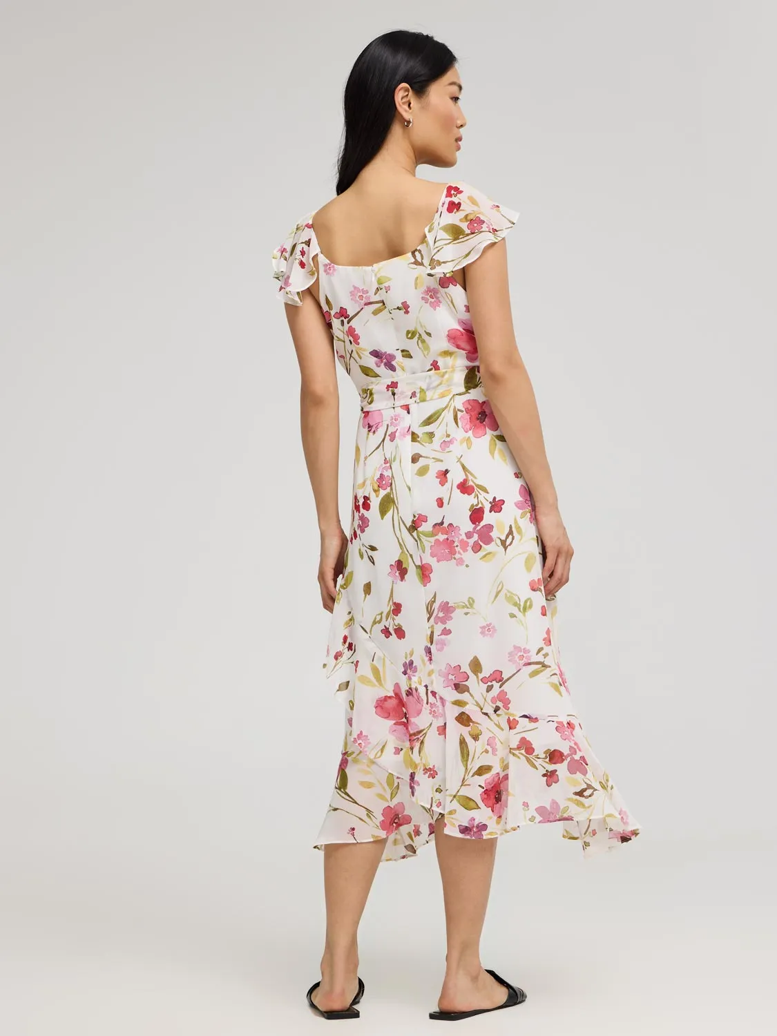 Floral Ruffle Wrap Front Chiffon Dress easy elegant