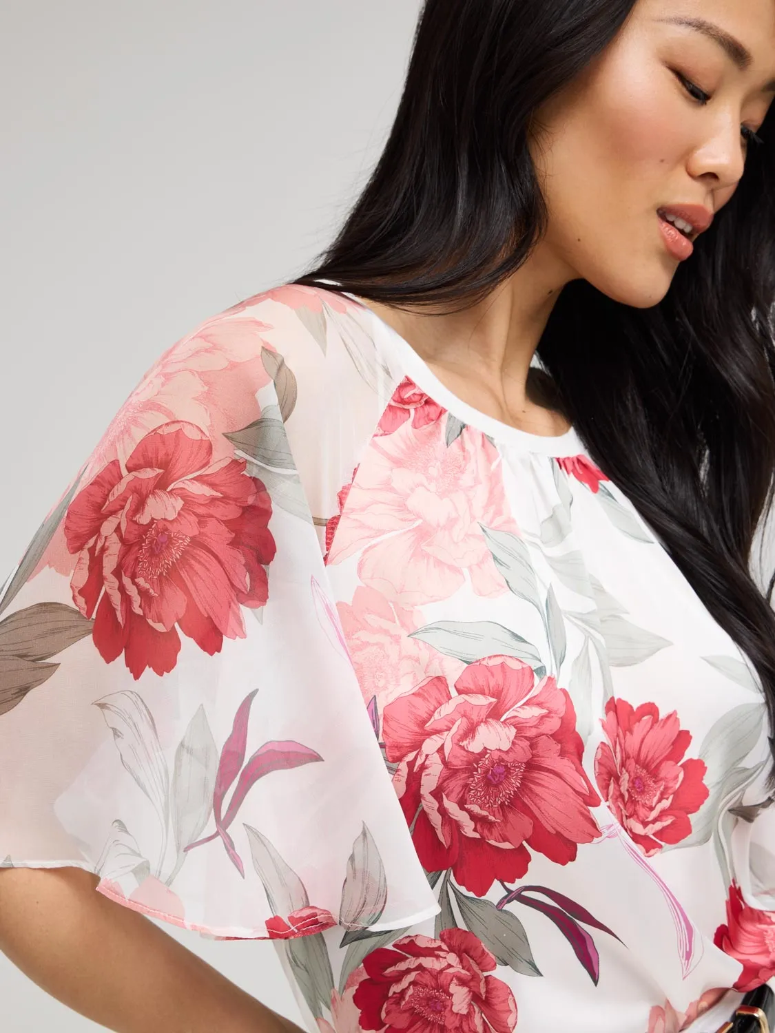 Floral Satin Top With Chiffon Flutter Sleeves Trend Vibe