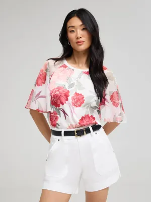 Floral Satin Top With Chiffon Flutter Sleeves Original Mood
