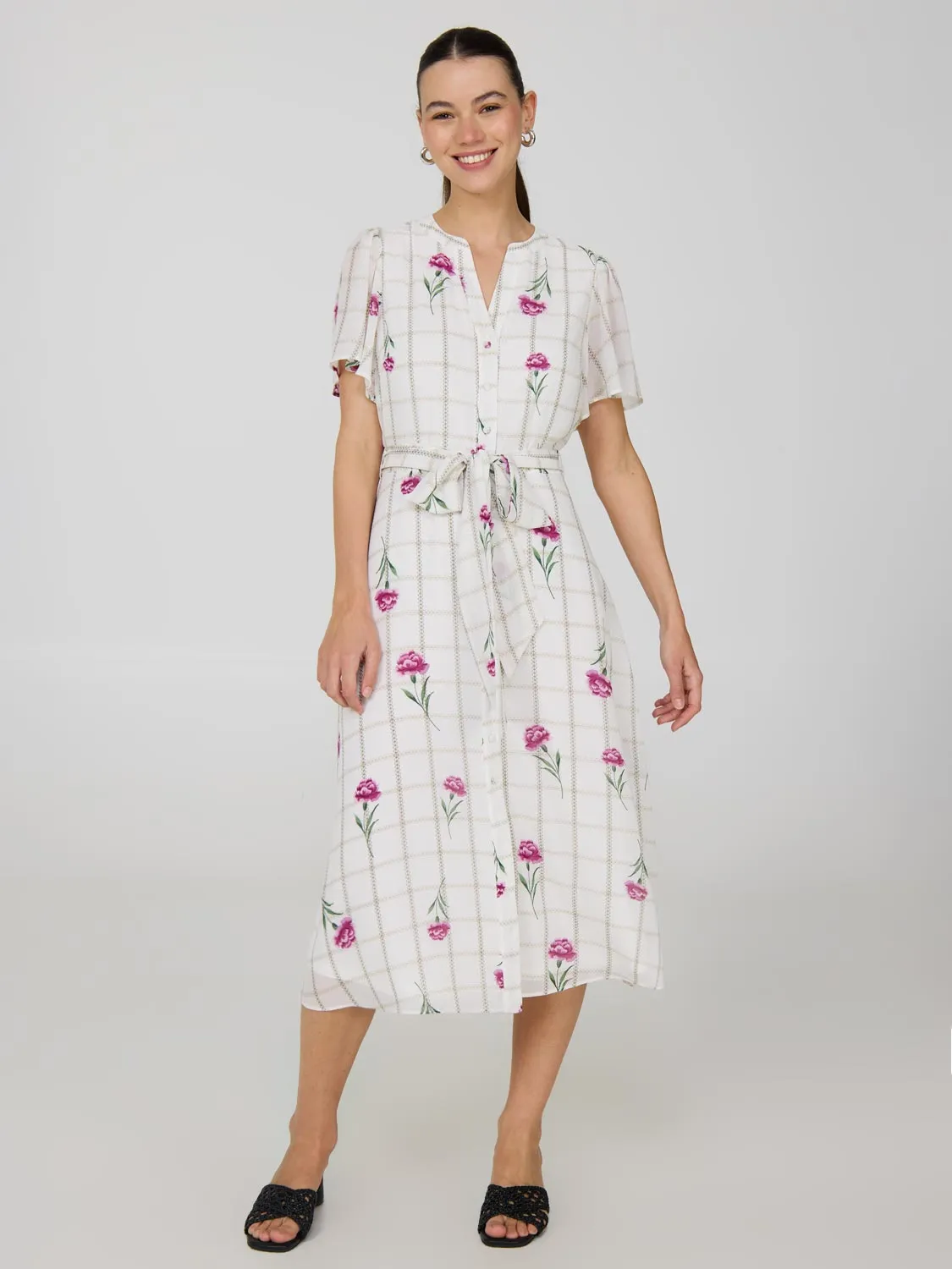 Floral Split Neck Chiffon Midi Dress comfortable stretch