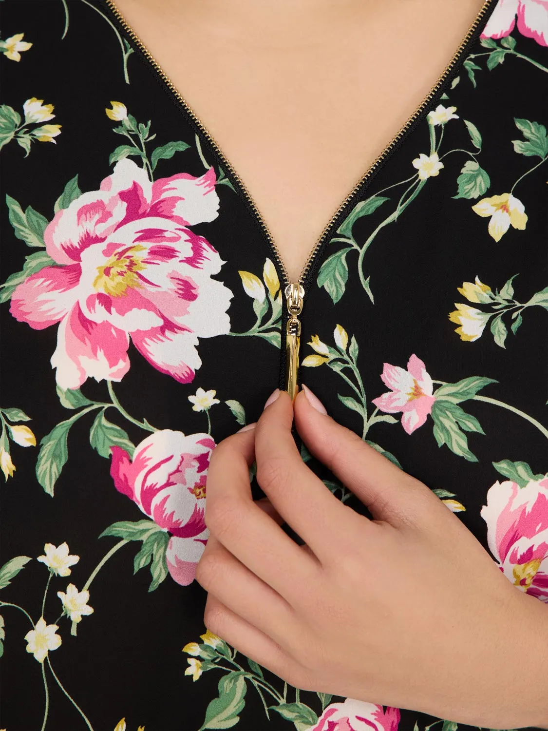 Floral Zip Front V-Neck Top Fresh Silhouette