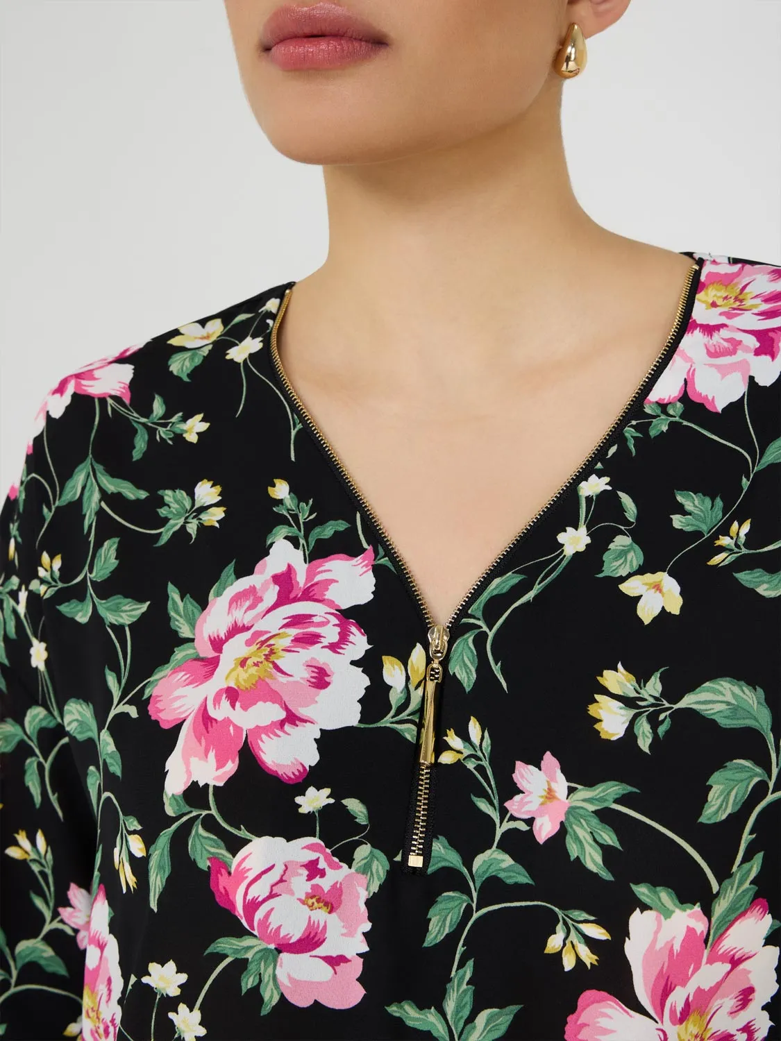 Floral Zip Front V-Neck Top Summer Days