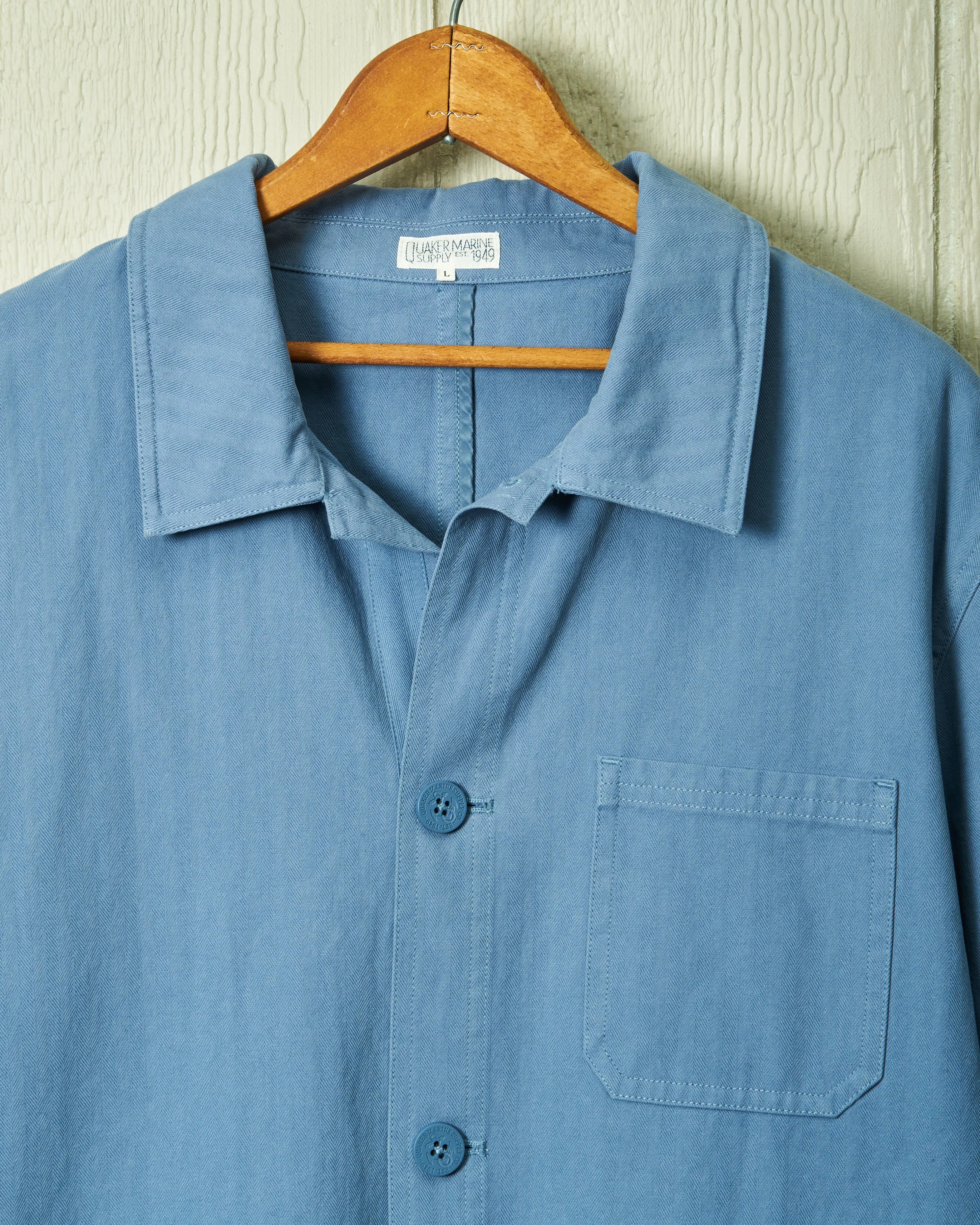 French Workmans Jacket in Atlantic Blue Herringbone lightweight protectant