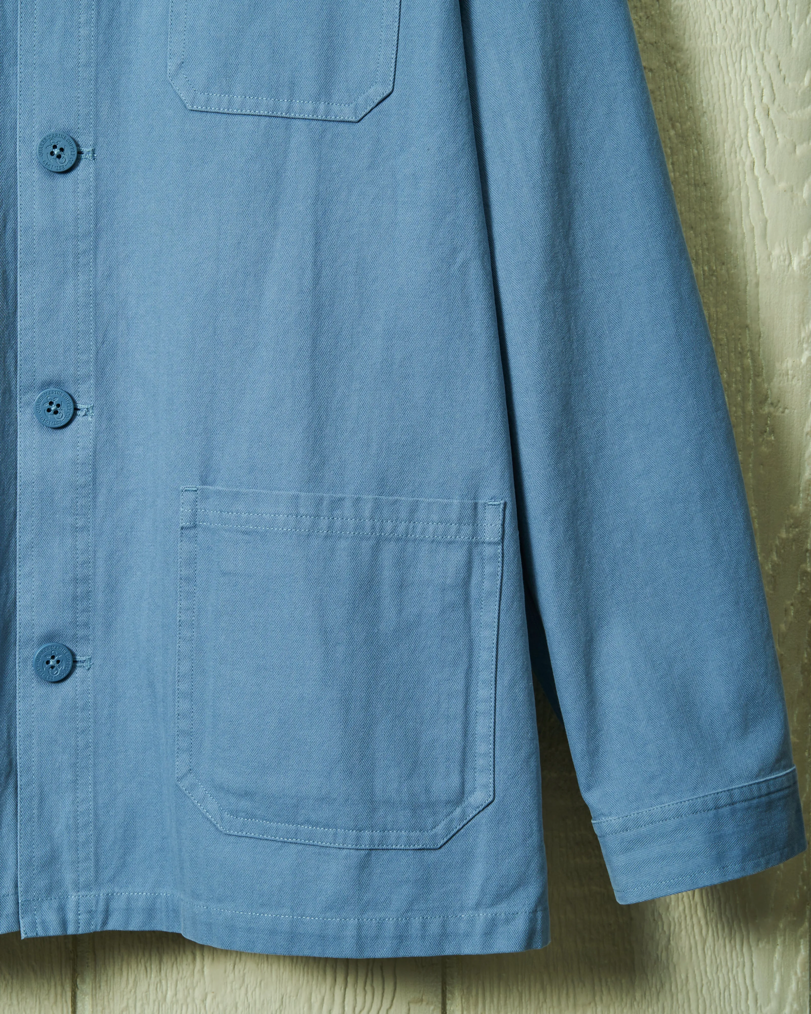 French Workmans Jacket in Atlantic Blue Herringbone metro cold look