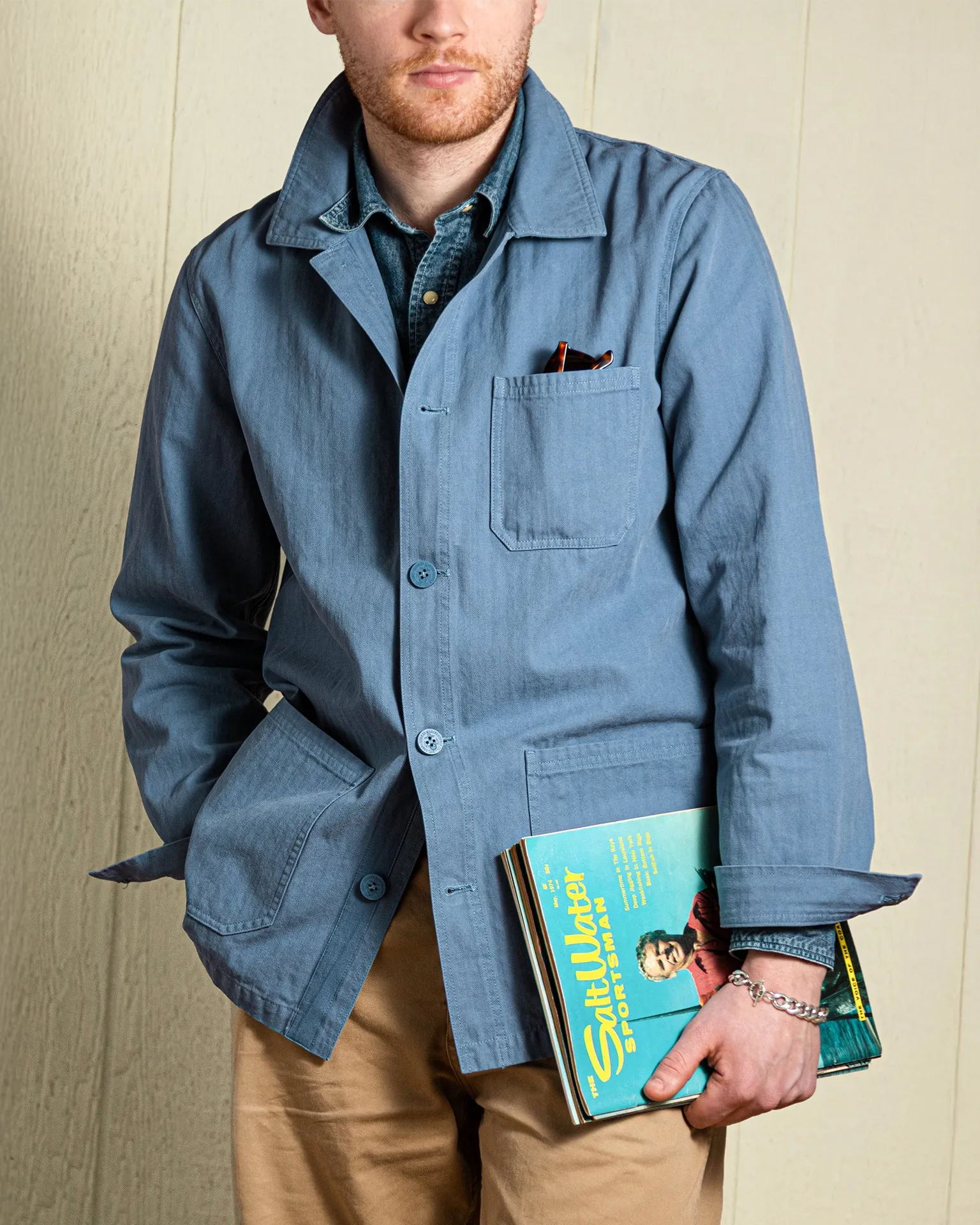 French Workmans Jacket in Atlantic Blue Herringbone flexible outdoor wear