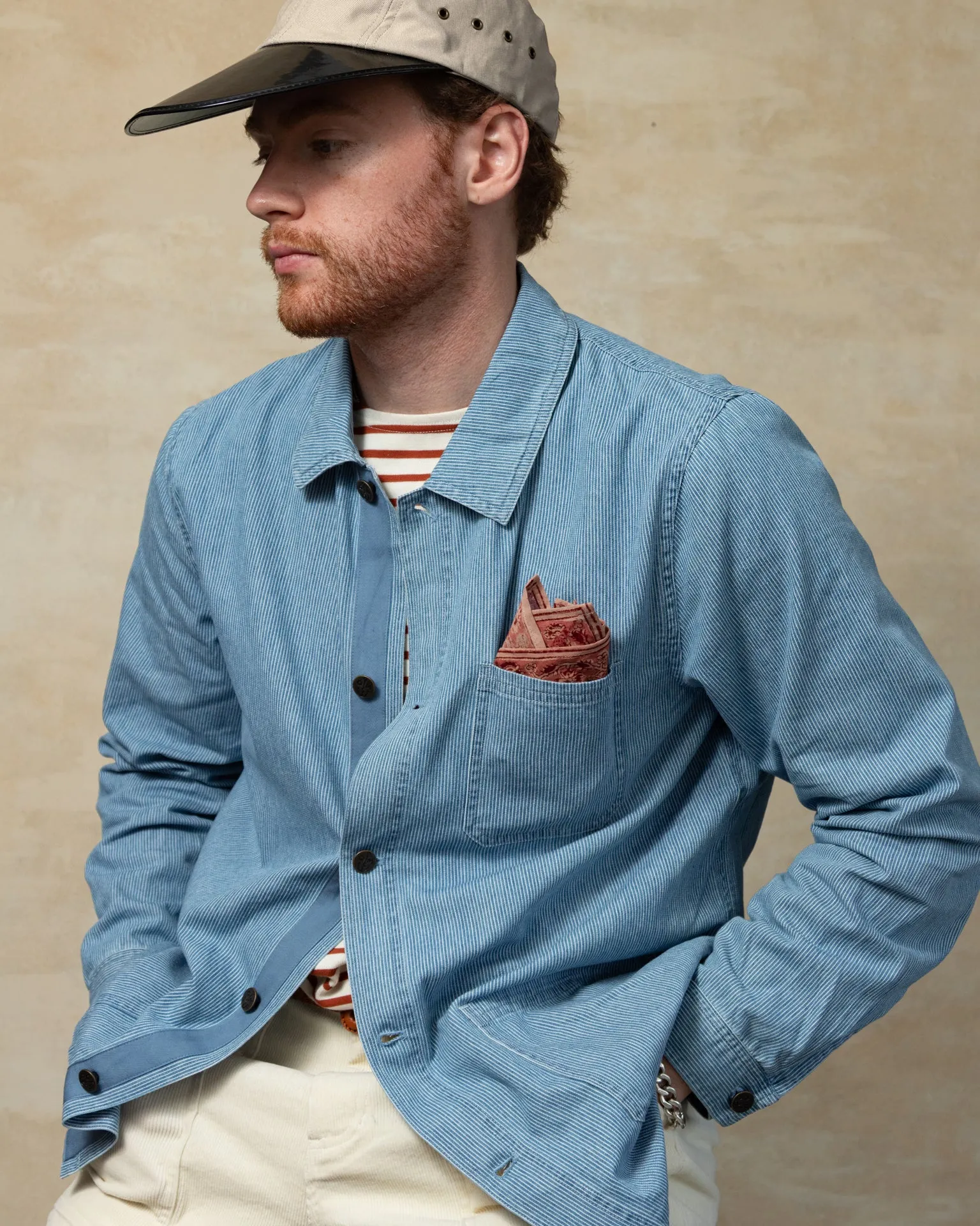 French Workman's Jacket in Blue Hickory Stripe Denim lake trip gear