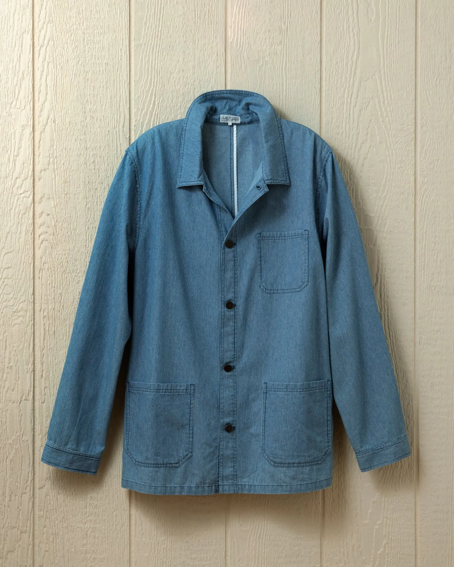 French Workman's Jacket in Blue Hickory Stripe Denim clean travel layer