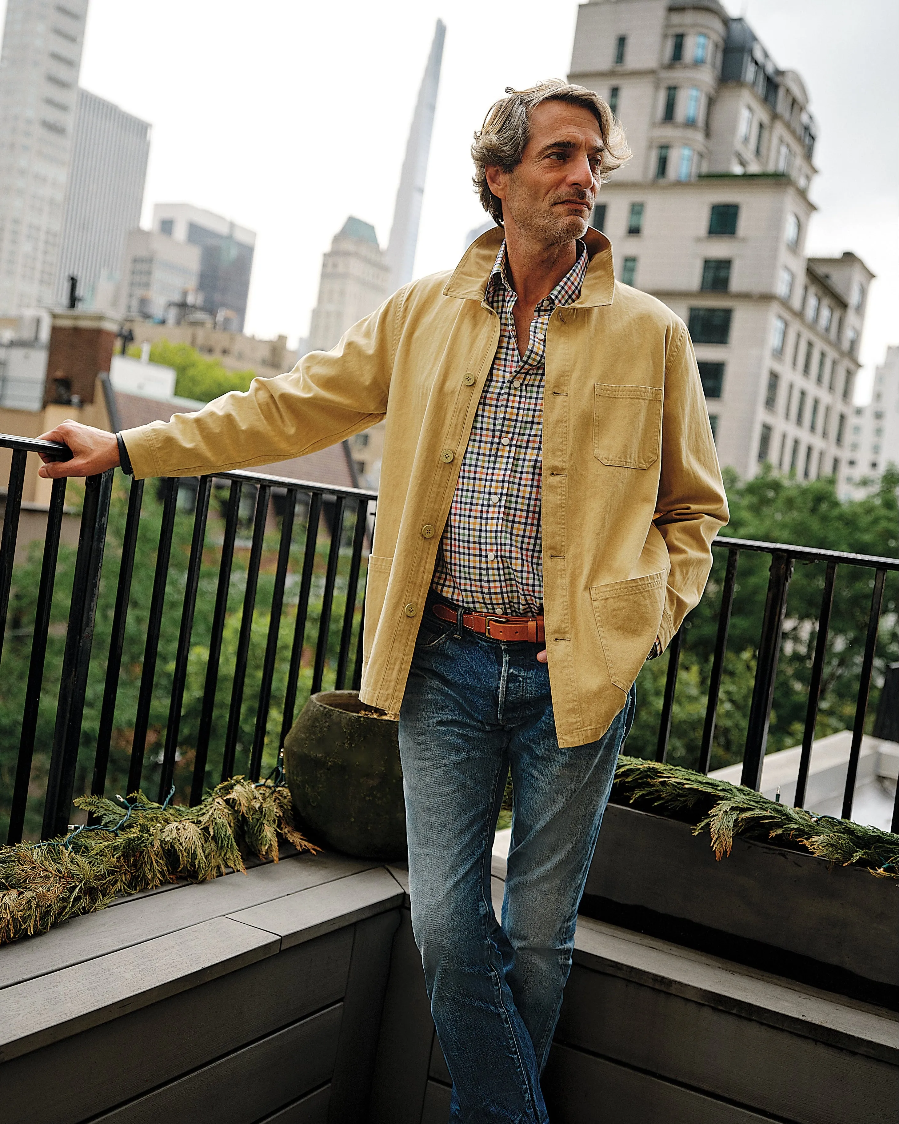 French Workmans Jacket in Khaki Herringbone sunrise hike look