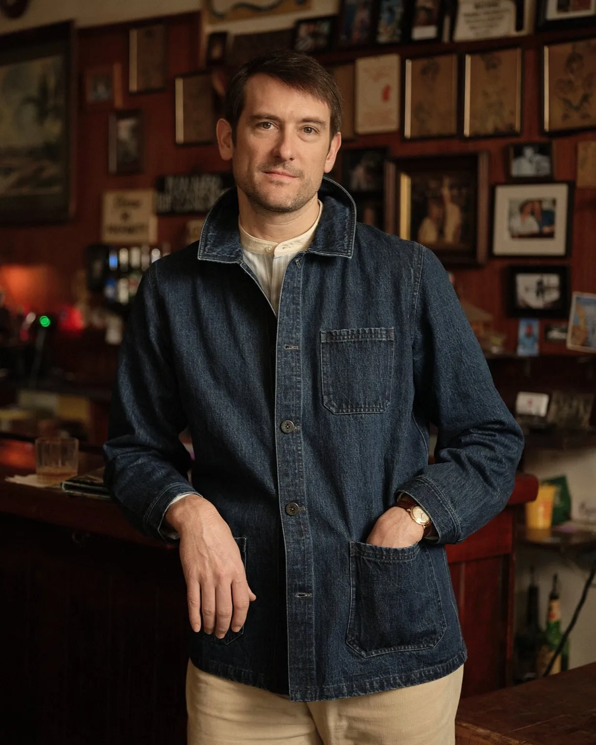 French Workmans Jacket in Mid Wash Denim crisp wind blocker