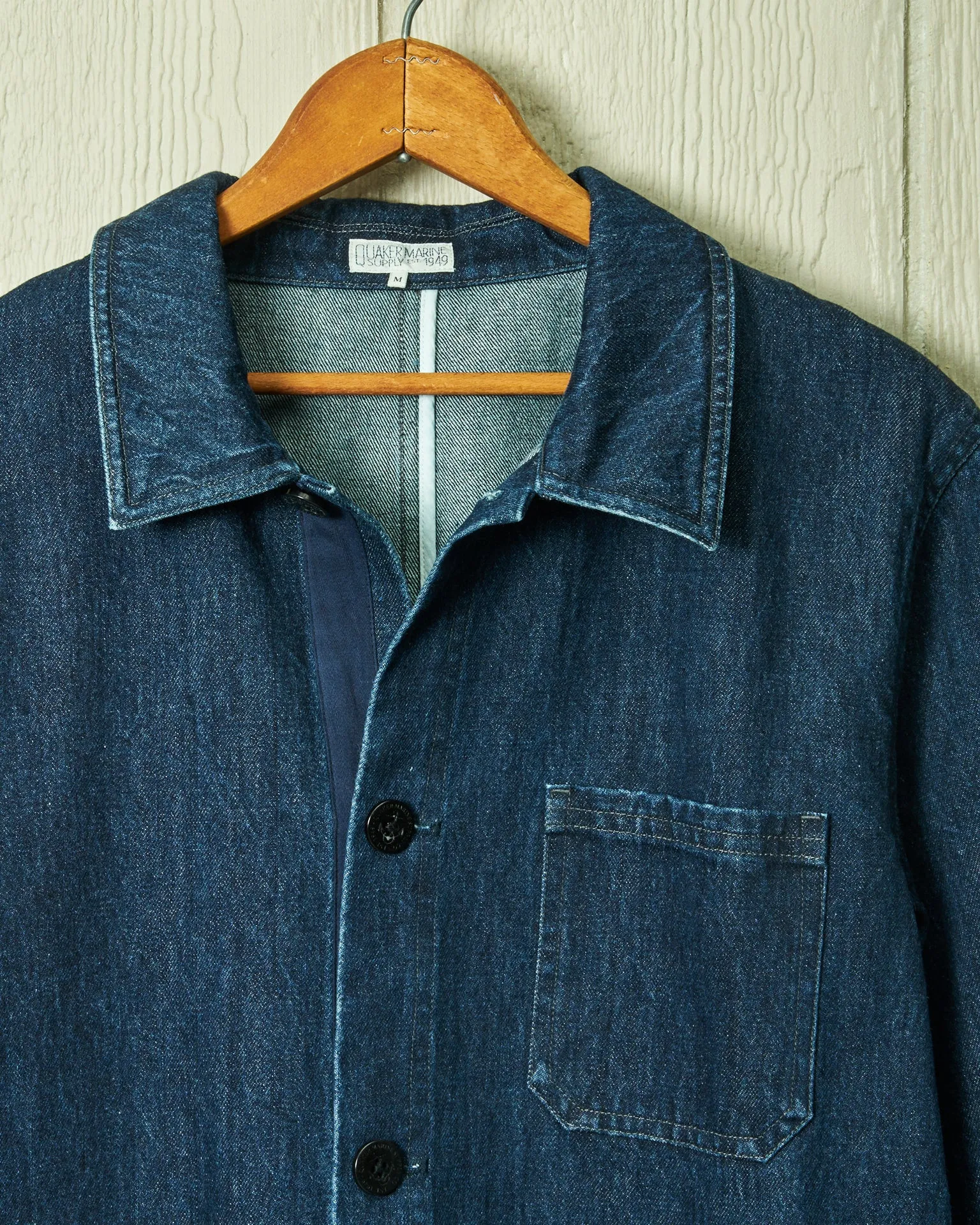 French Workmans Jacket in Mid Wash Denim throw-on staple