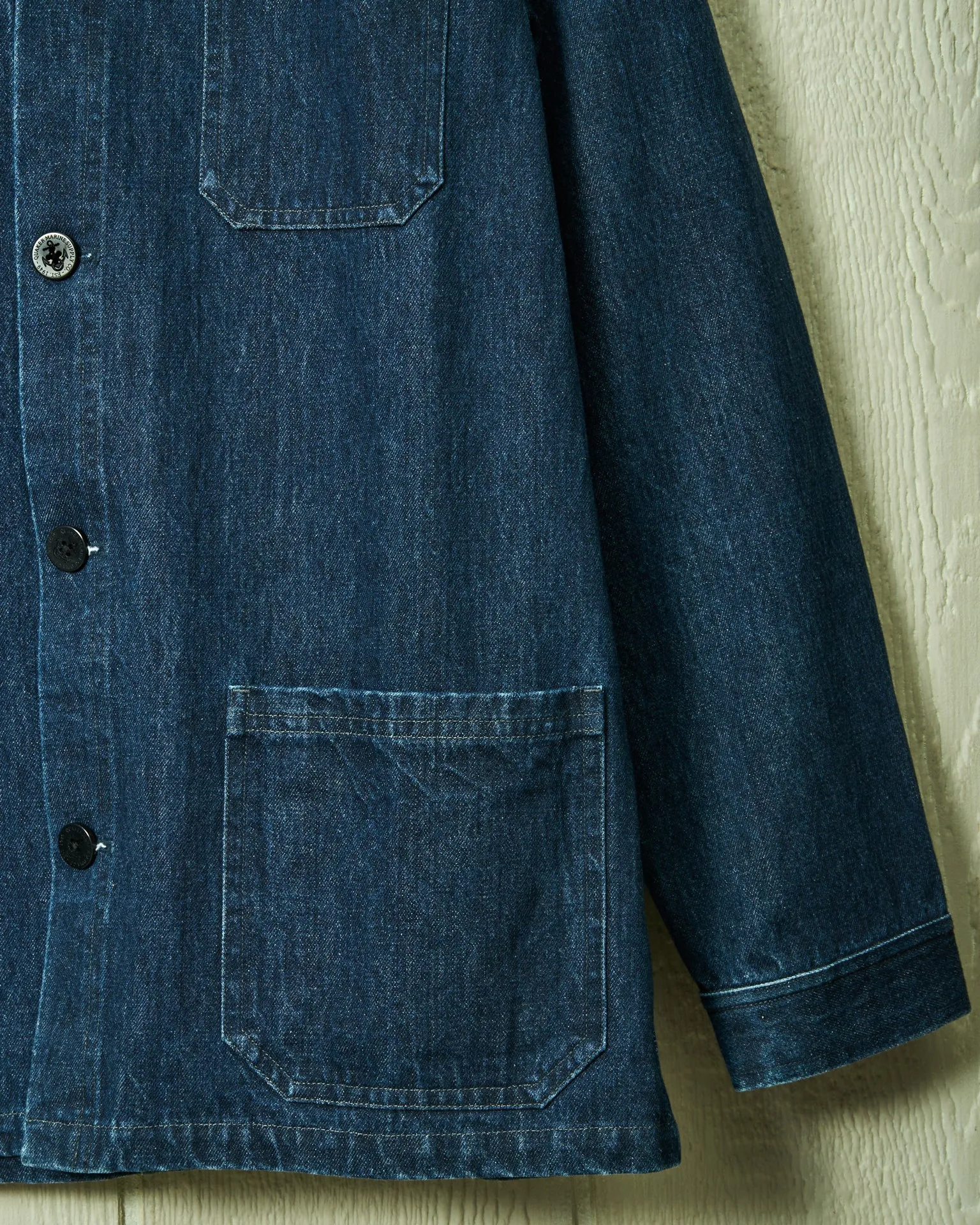 French Workmans Jacket in Mid Wash Denim lake trip gear