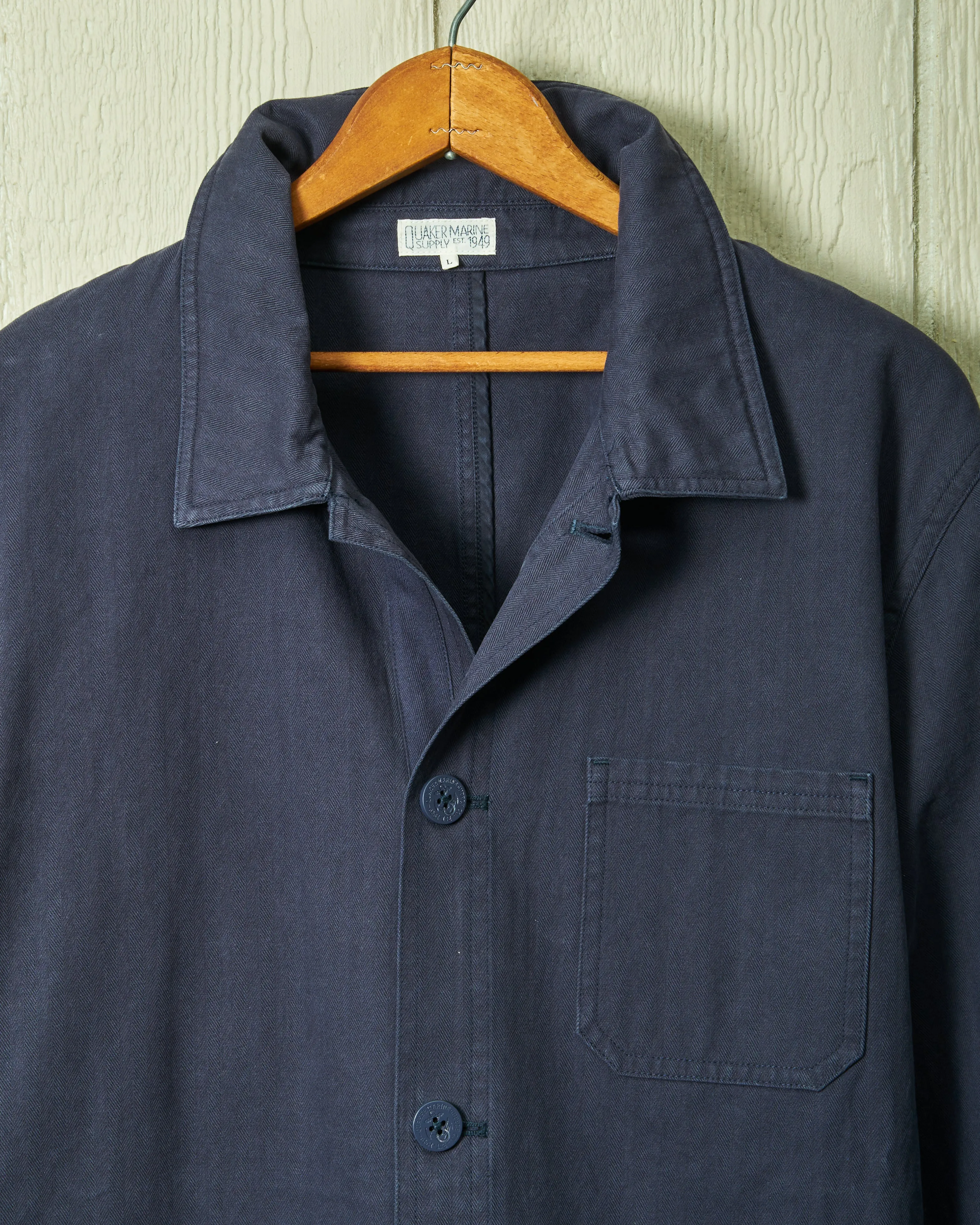 French Workmans Jacket in Navy Herringbone road trip layer