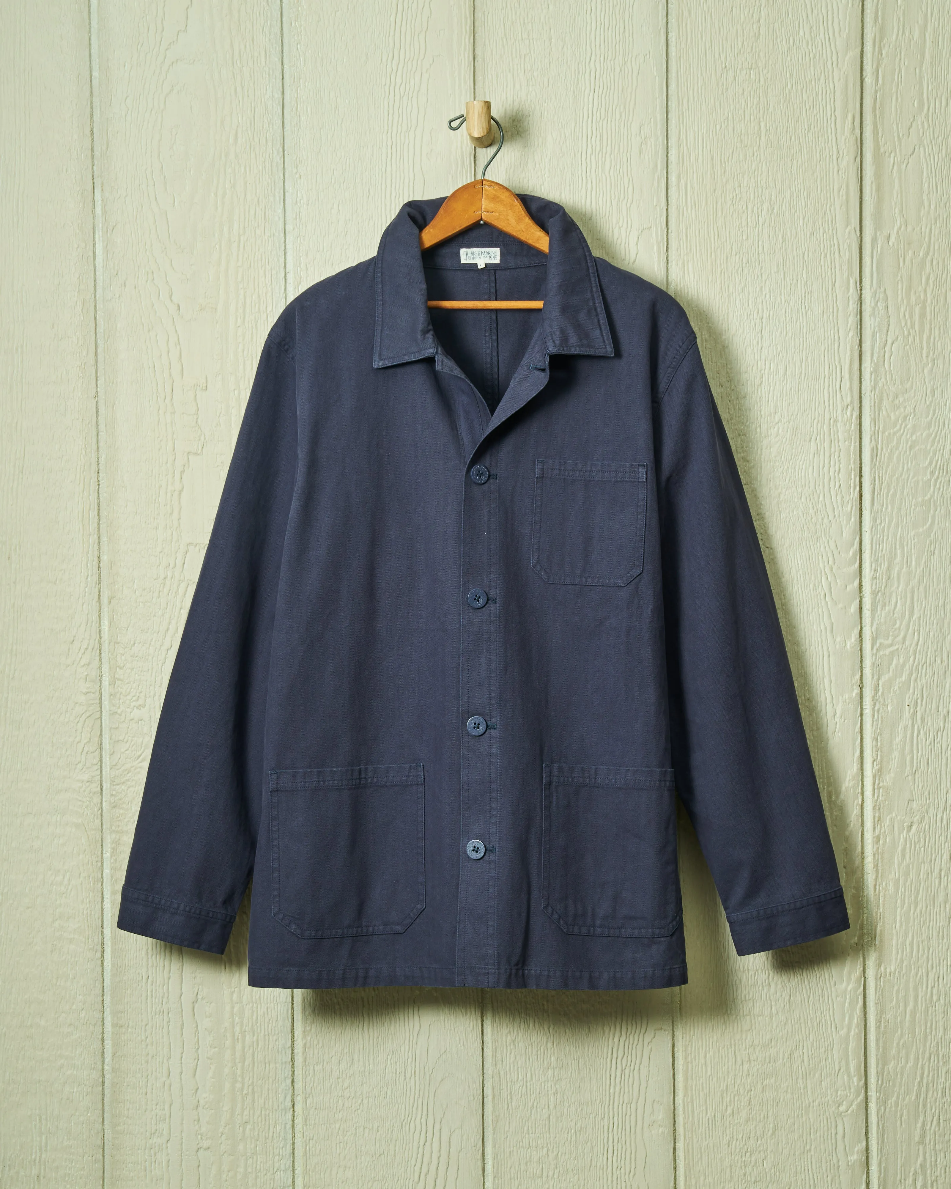 French Workmans Jacket in Navy Herringbone after hike layer
