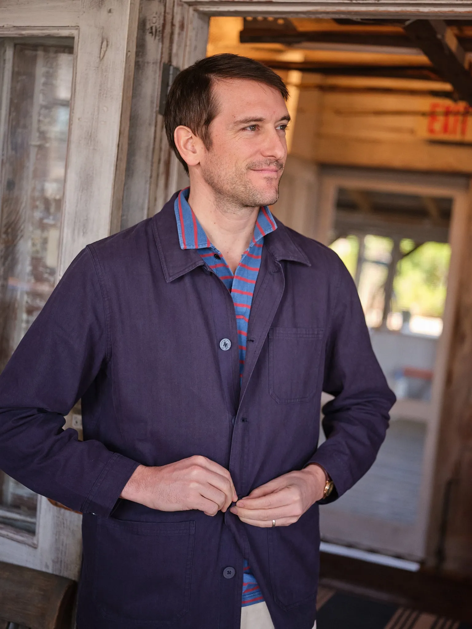 French Workmans Jacket in Navy Herringbone year-round protector