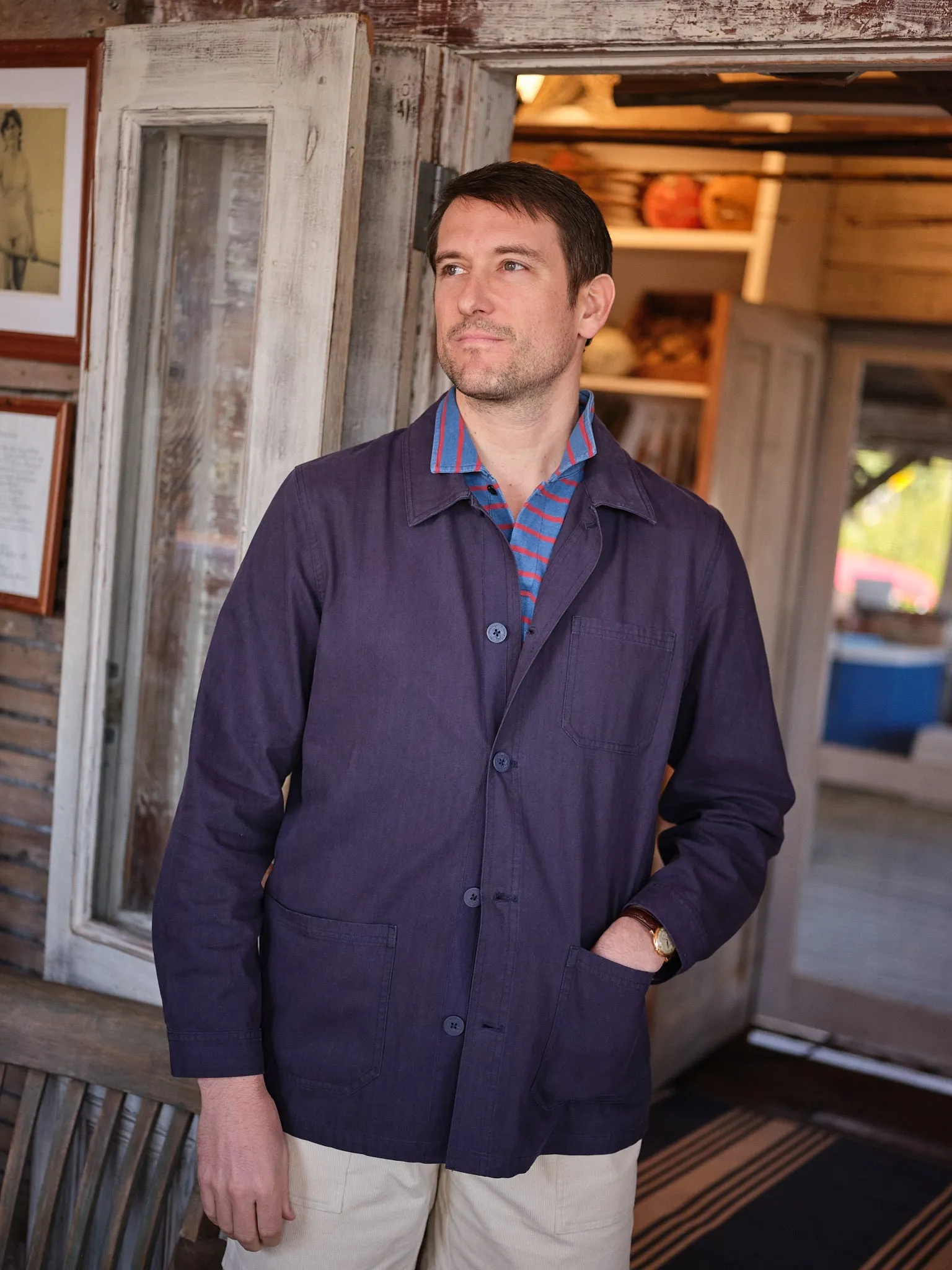 French Workmans Jacket in Navy Herringbone cozy comfort style