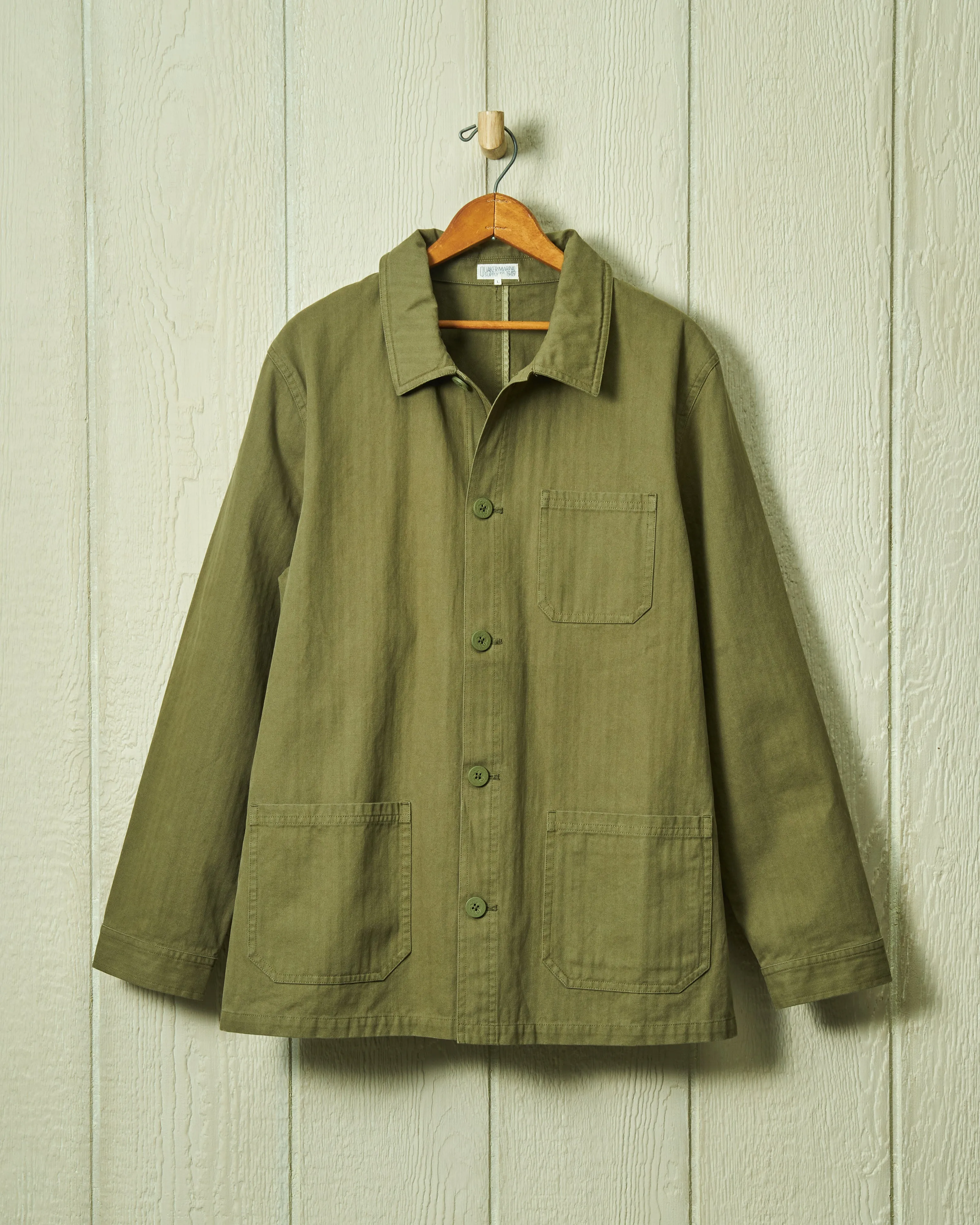 French Workmans Jacket in Olive Herringbone downtown daily look
