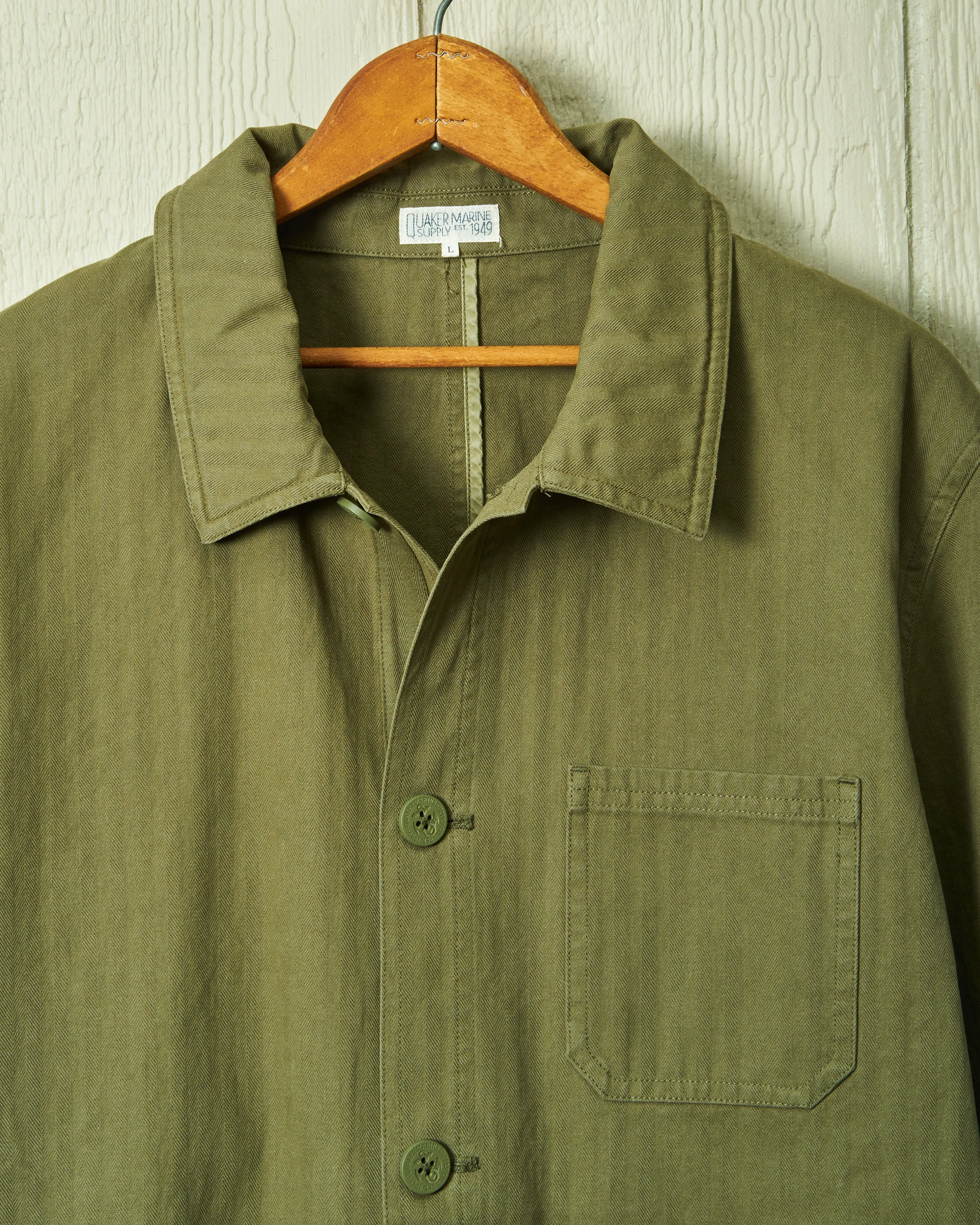 French Workmans Jacket in Olive Herringbone sunrise to sunset