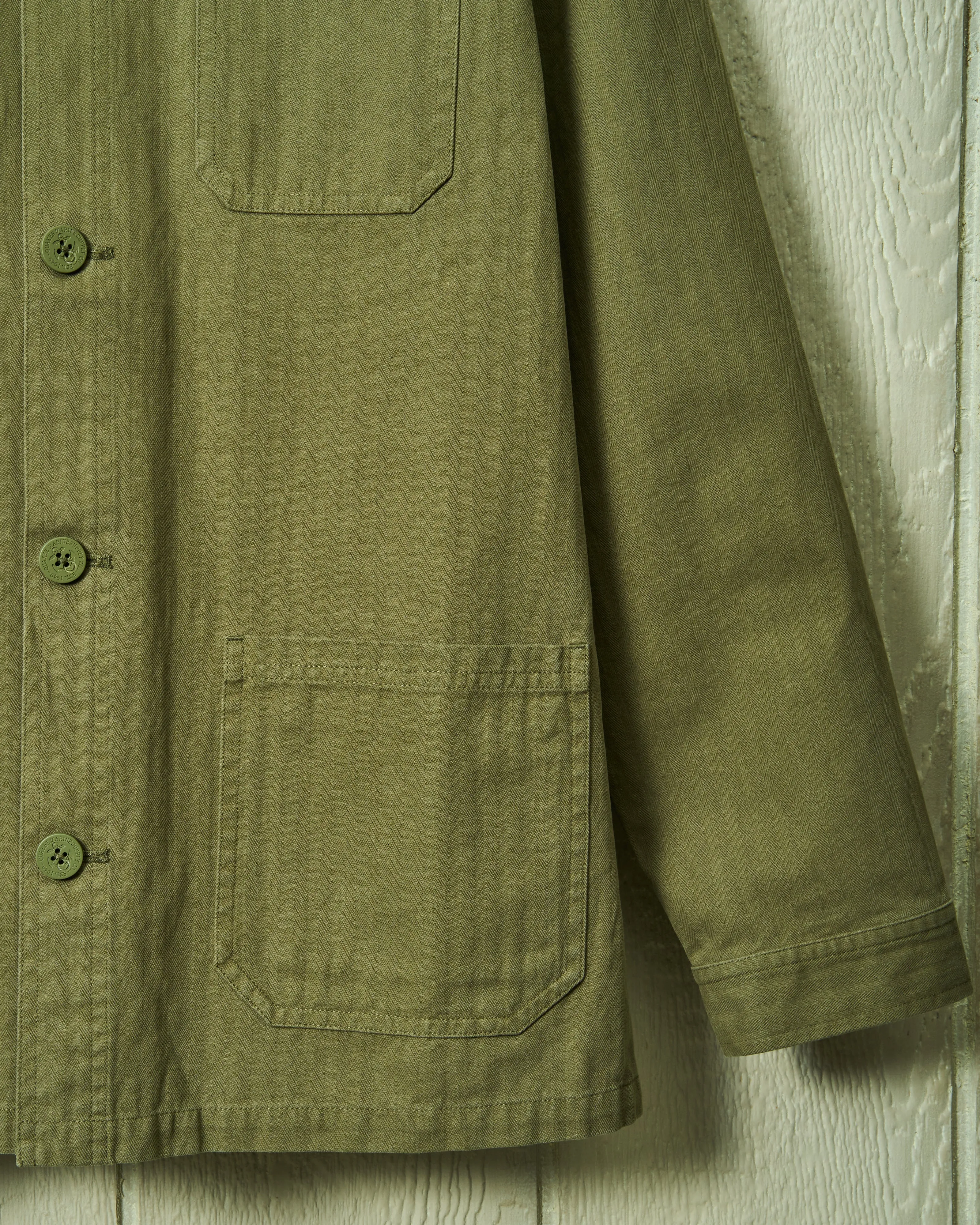 French Workmans Jacket in Olive Herringbone hybrid utility wear