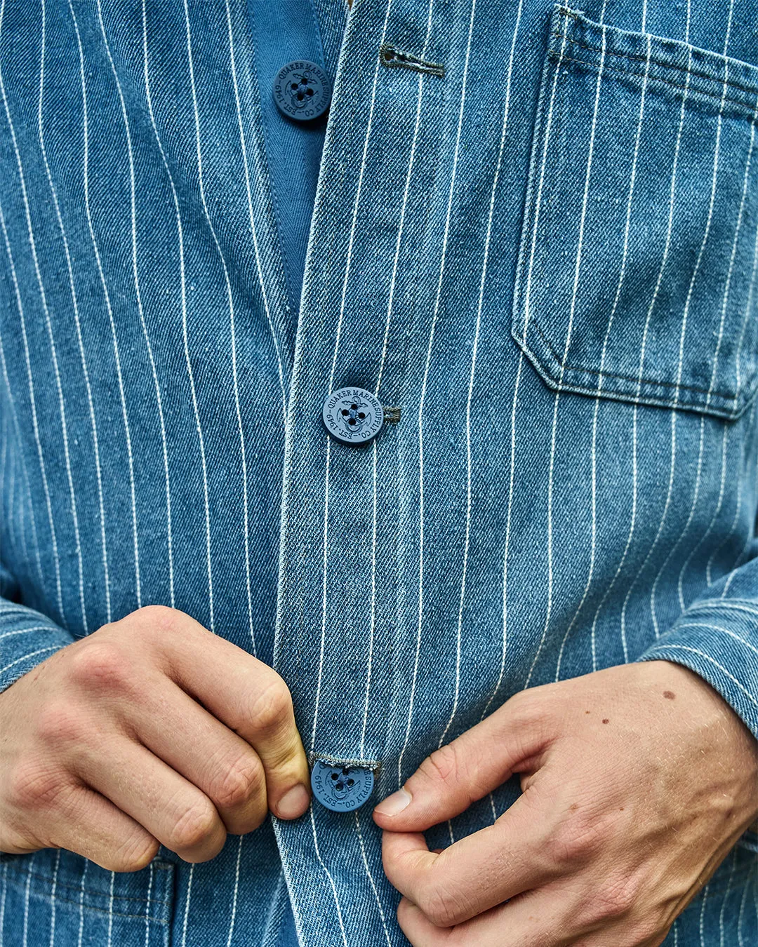 French Workmans Jacket in Pinstripe Denim chilly morning layer