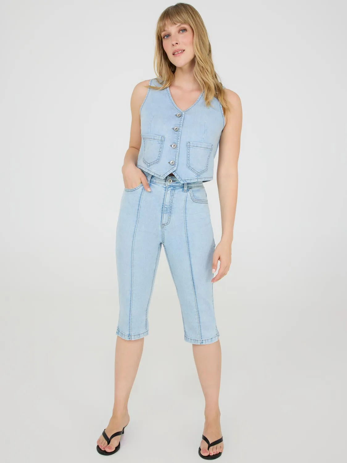 Front Pintuck Denim Capri Pants multi pocket