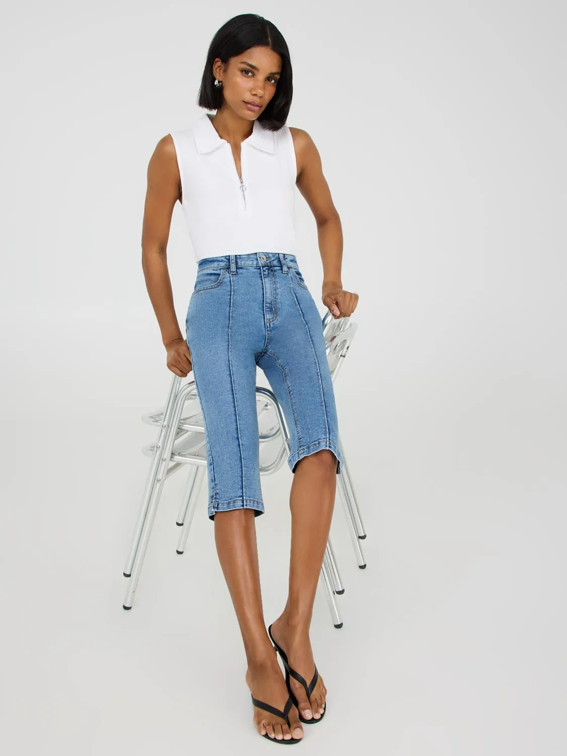 Front Pintuck Denim Capri Pants multi pockets