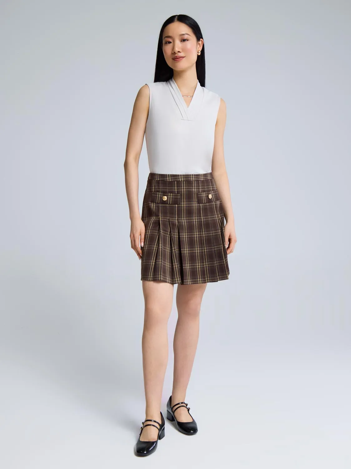 Front Pleated Plaid Mini Skirt quick on/off