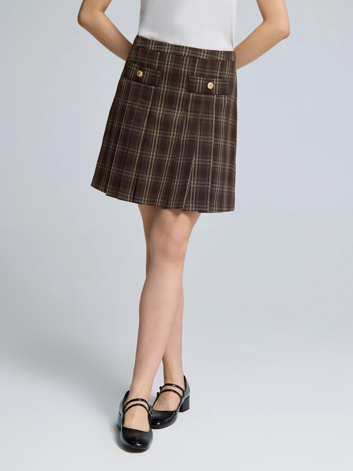Front Pleated Plaid Mini Skirt mix match