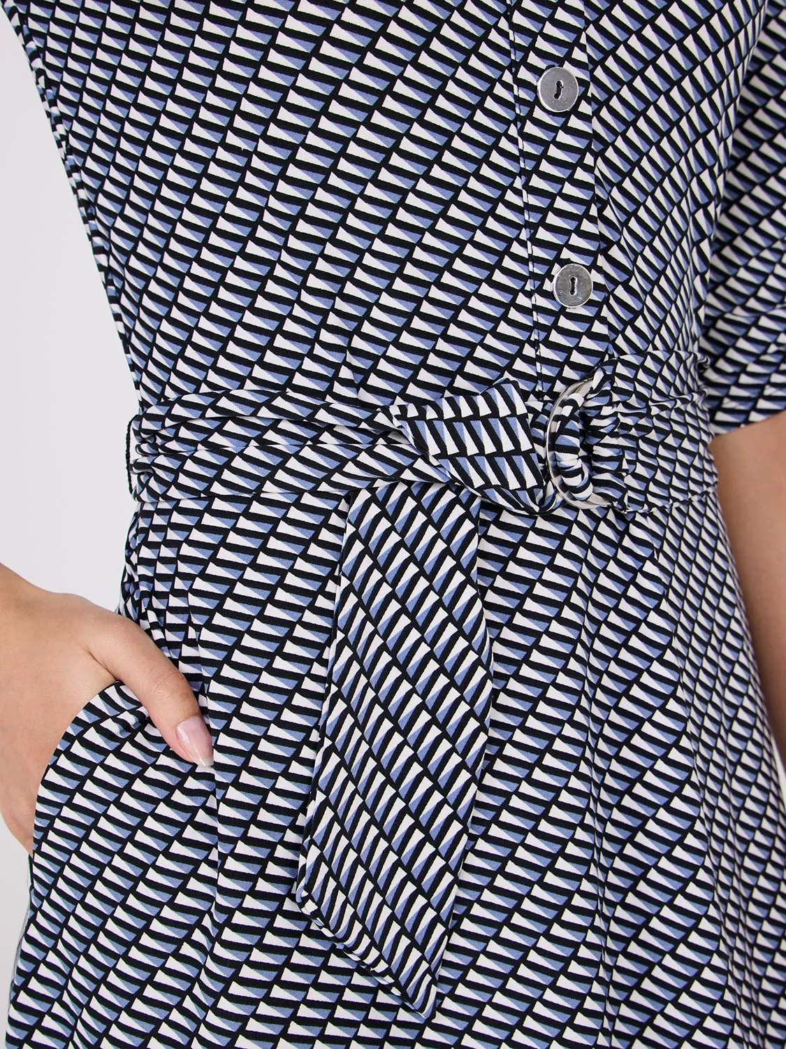 Geo Print Button-Front Midi Dress With Pockets office must-have