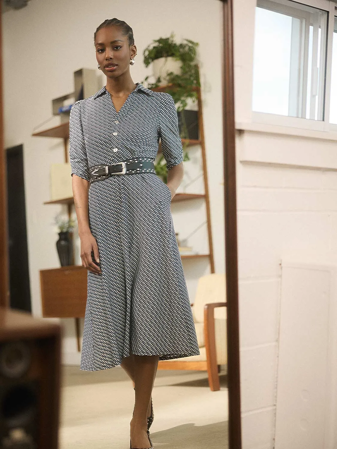 Geo Print Button-Front Midi Dress With Pockets easy fashion