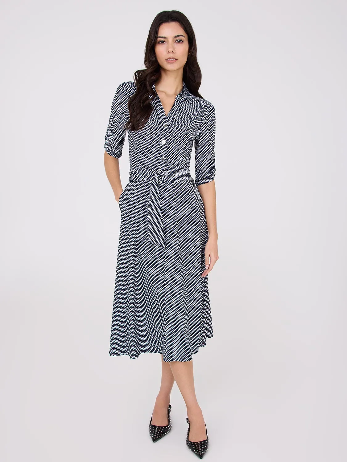 Geo Print Button-Front Midi Dress With Pockets work environment