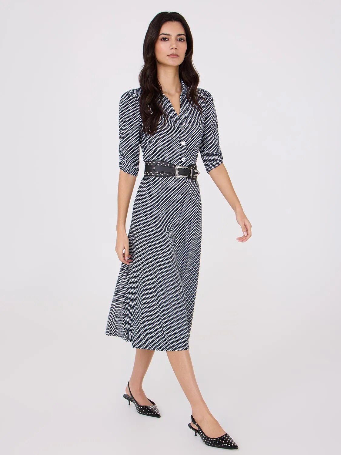 Geo Print Button-Front Midi Dress With Pockets fresh look