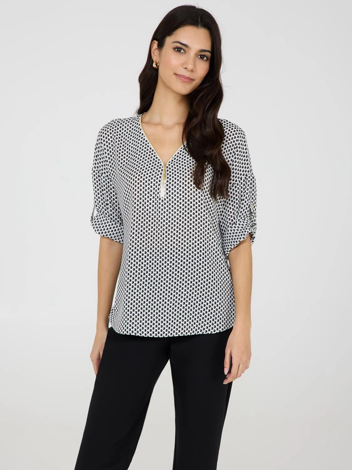 Geo Zip Front V-Neck Top Fun Street