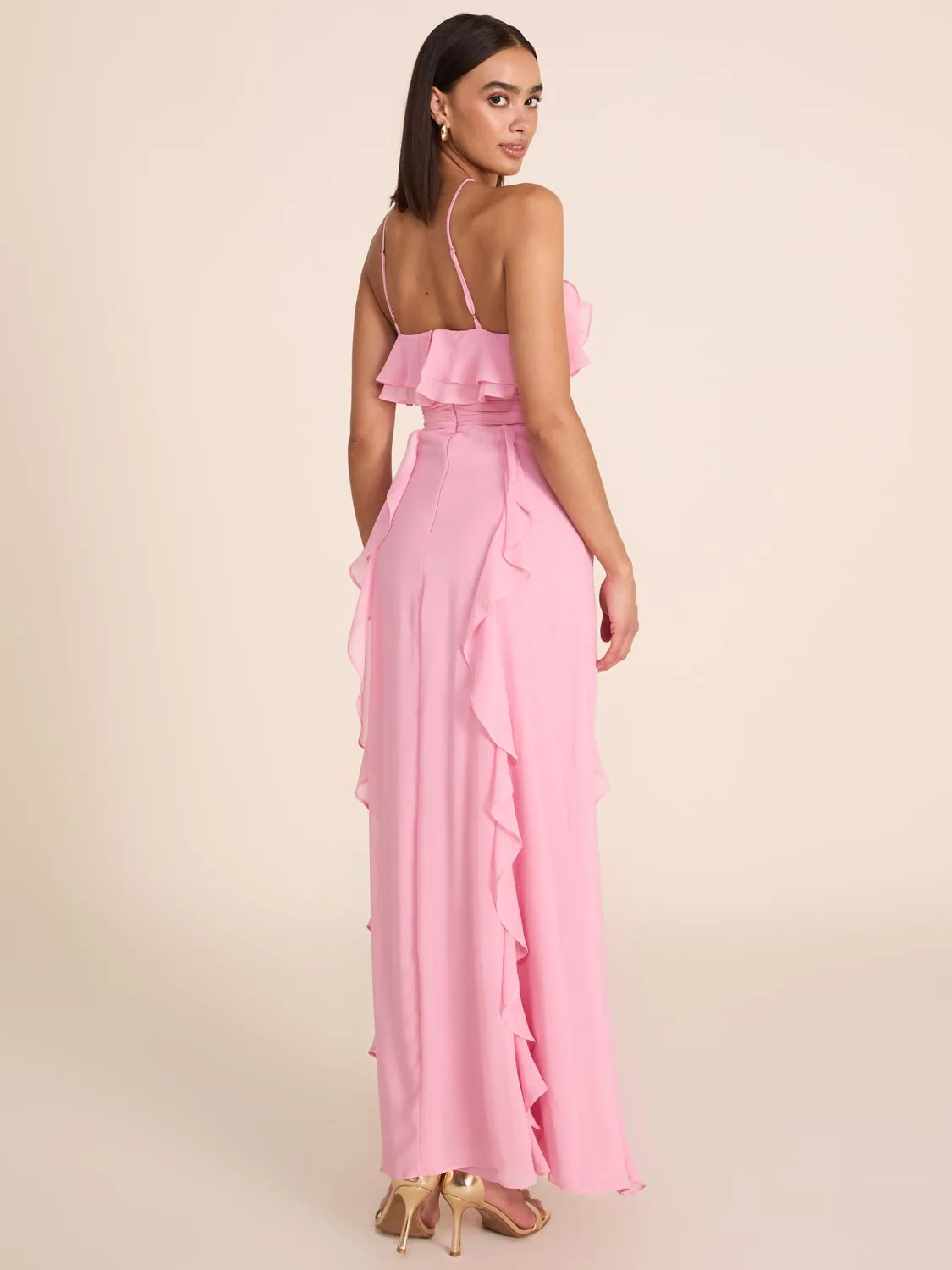 Halter Neck Gown With Cascading Ruffles gentle aura