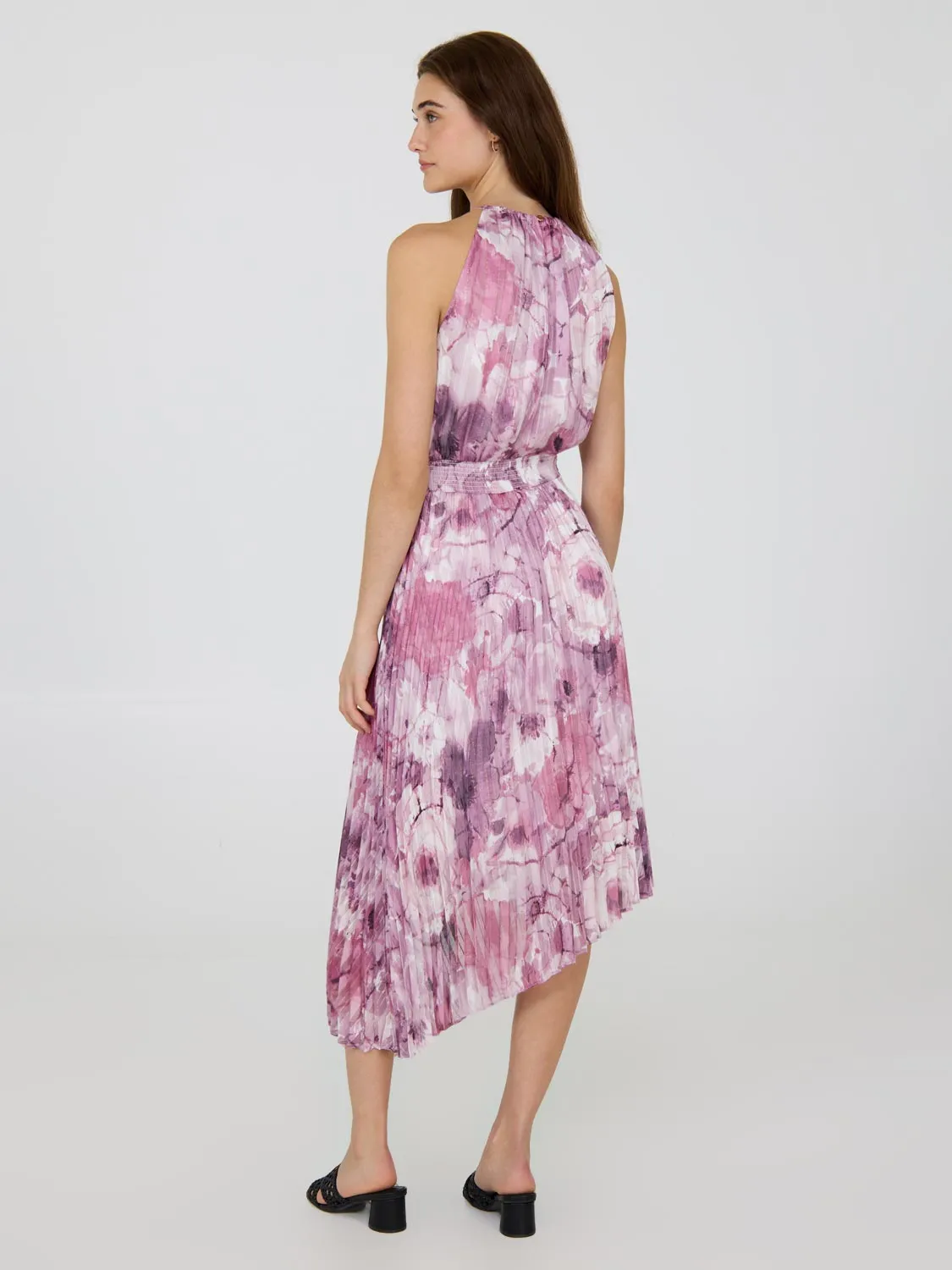 Halter Pleated Asymmetrical Floral Dress party outfit