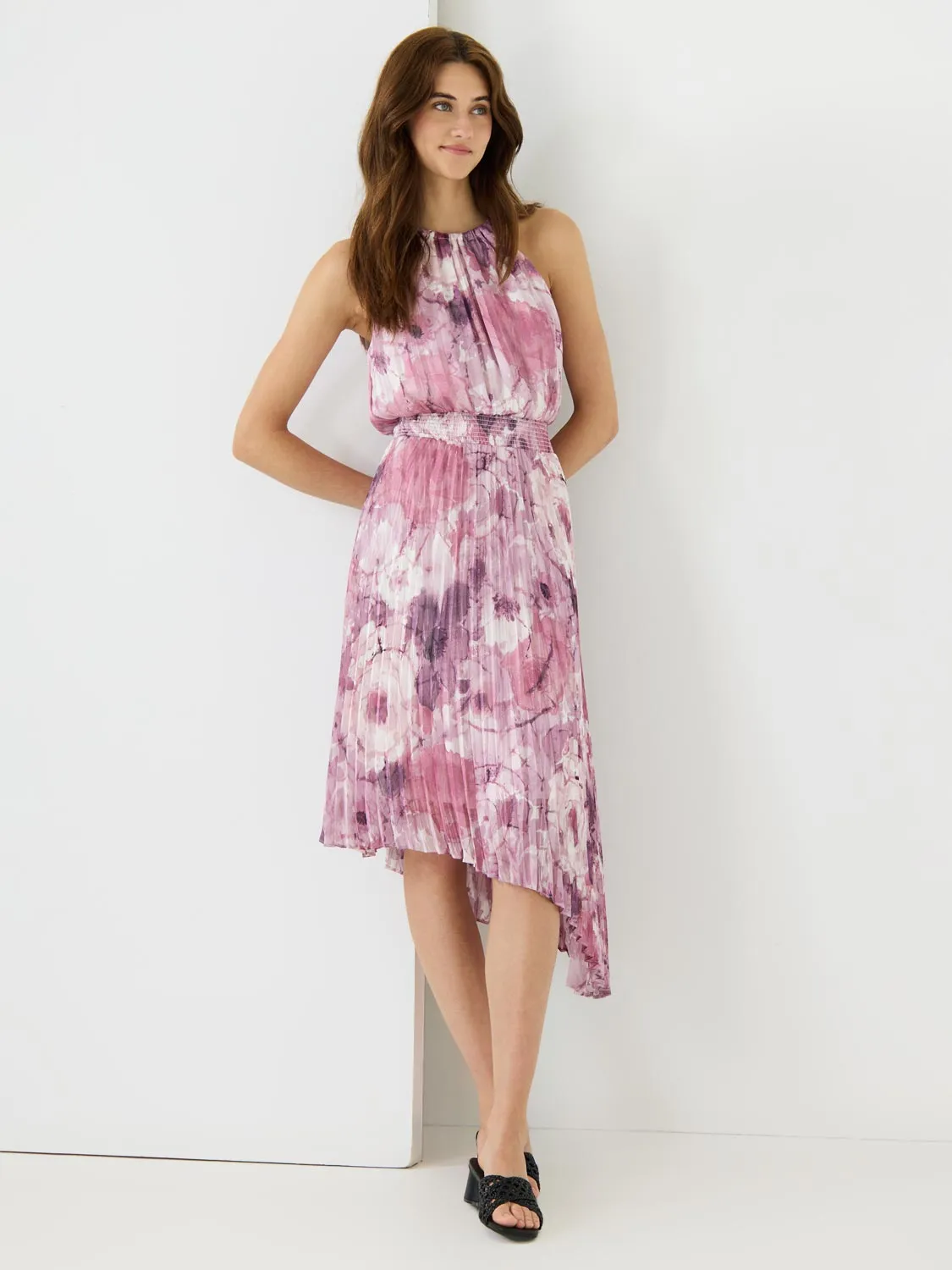 Halter Pleated Asymmetrical Floral Dress holiday essential
