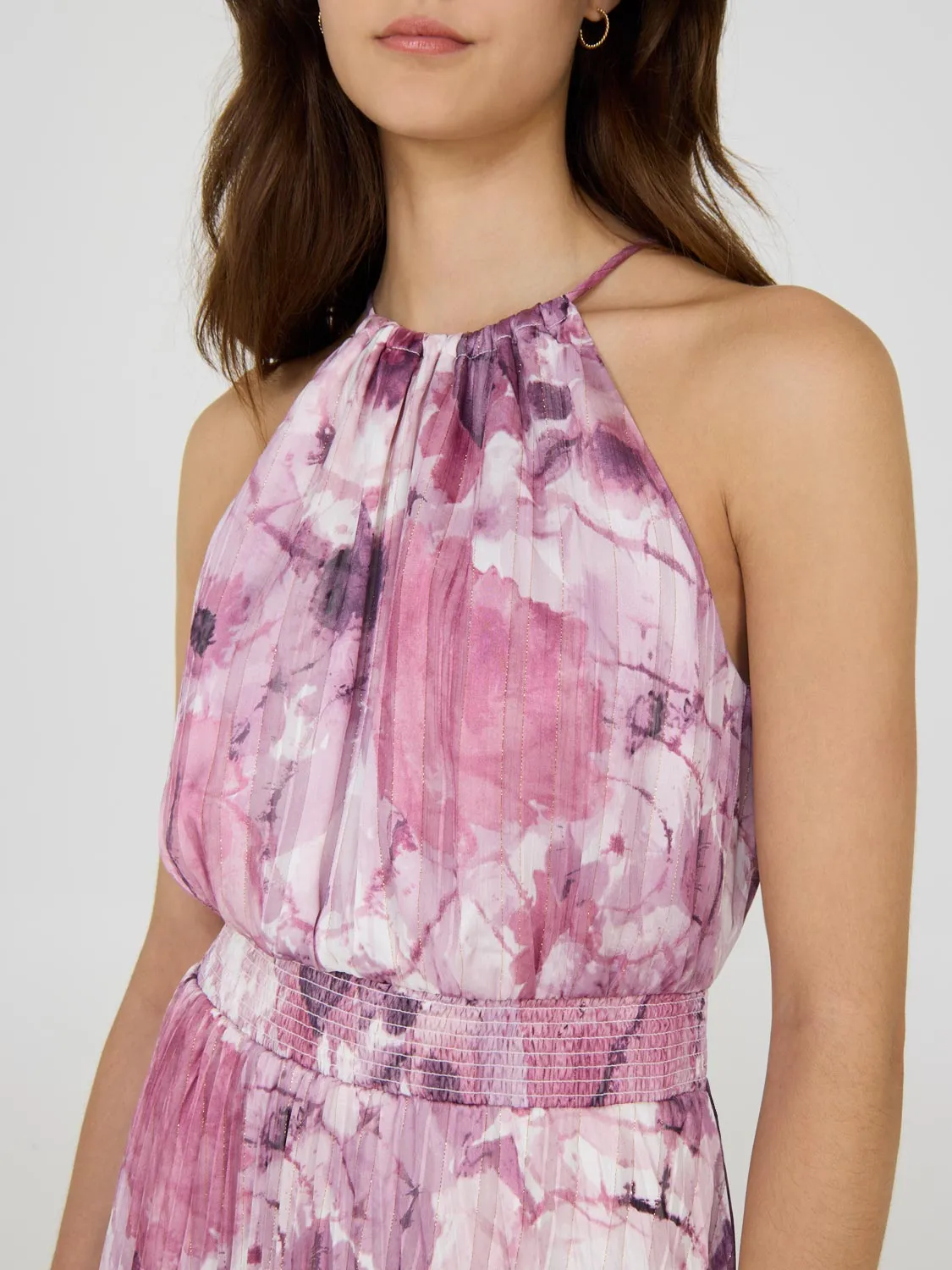Halter Pleated Asymmetrical Floral Dress soft touch