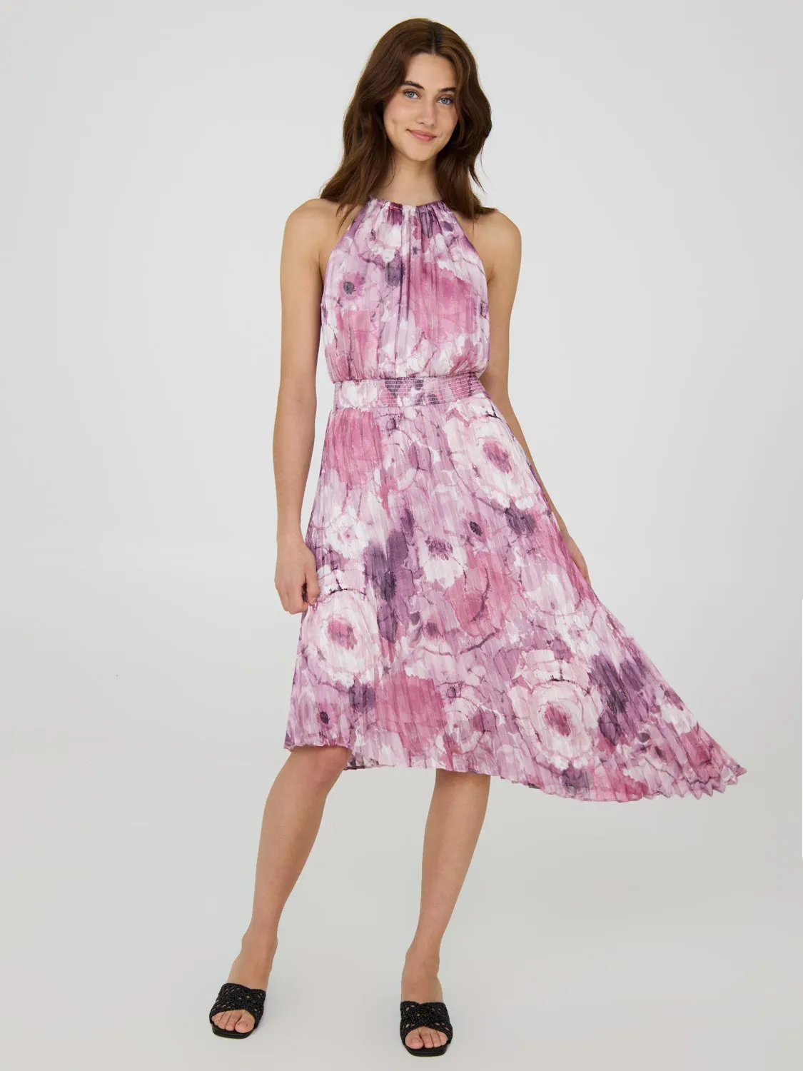 Halter Pleated Asymmetrical Floral Dress simple chic